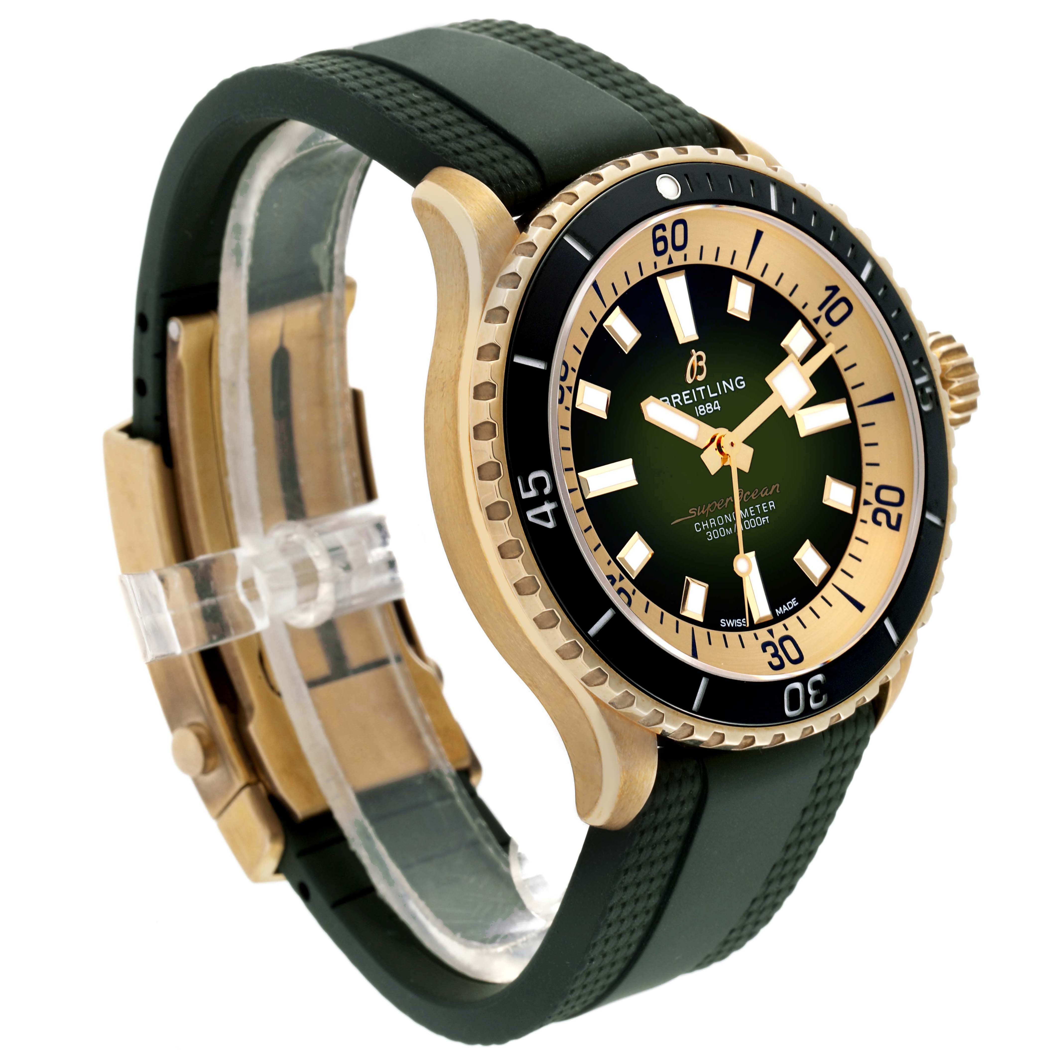 The Breitling Superocean N17375 Men
s Bronze Green Dial watch is shown at a three-quarter angle, highlighting the face, bezel, strap, and crown.