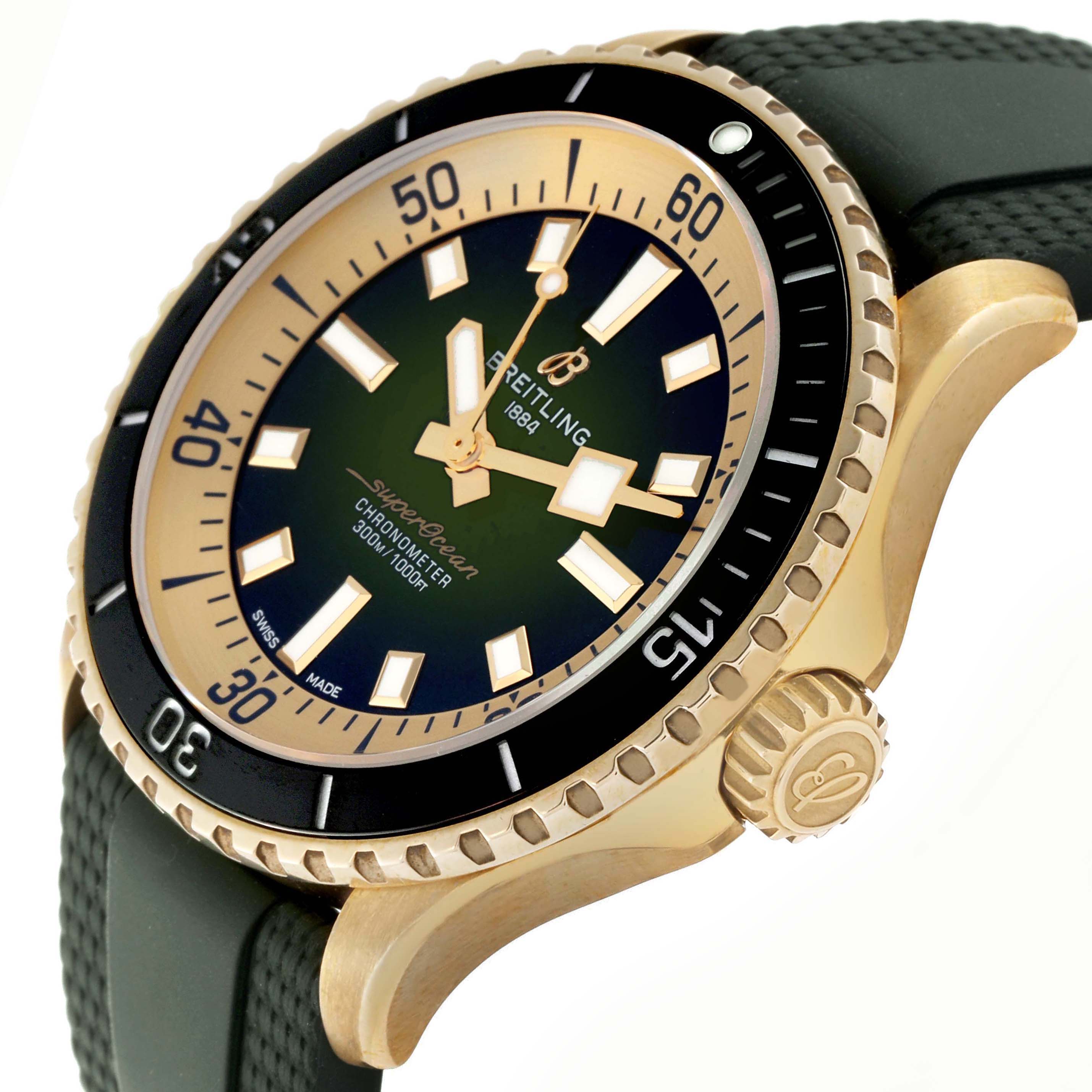 The Breitling Superocean N17375 Men
s Bronze Green Dial watch is shown from a slightly angled side view, highlighting the bezel, crown, and strap texture.