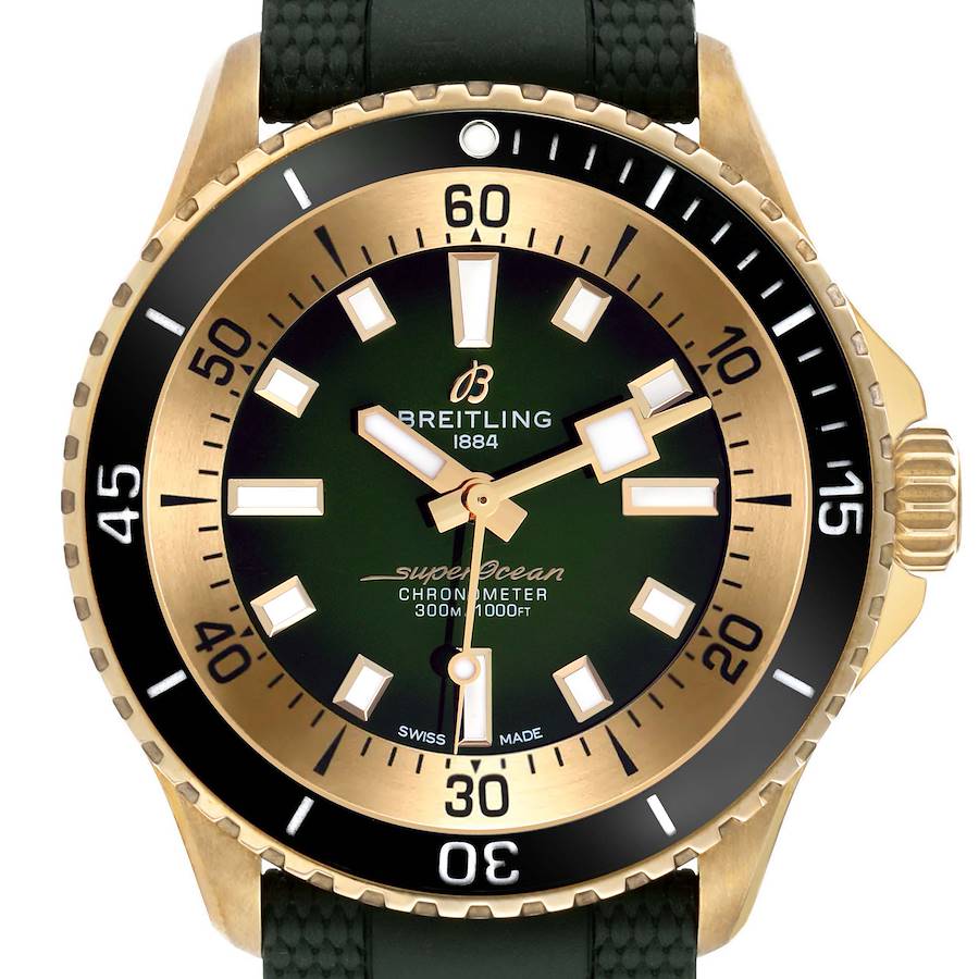 The Breitling Superocean N17375 Men's Bronze Green Dial watch is shown from a front angle, displaying its gold-tone bezel, green dial, indices, and rubber strap.