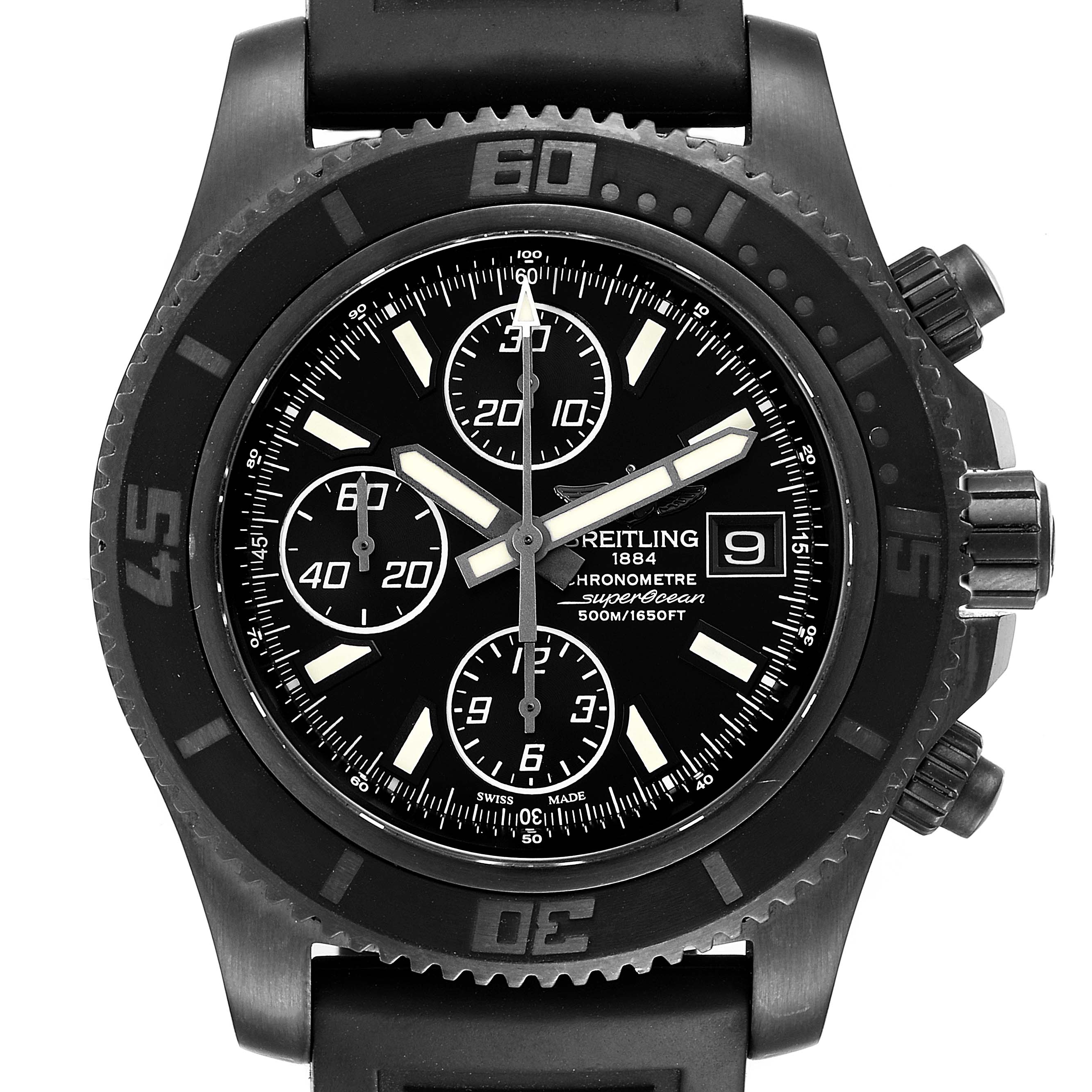 The image shows a frontal view of the Breitling Superocean M13341 Men's Stainless Steel Black Dial M13341 Men's Stainless Steel Black Dial watch, displaying its dial, bezel, and chronograph subdials.