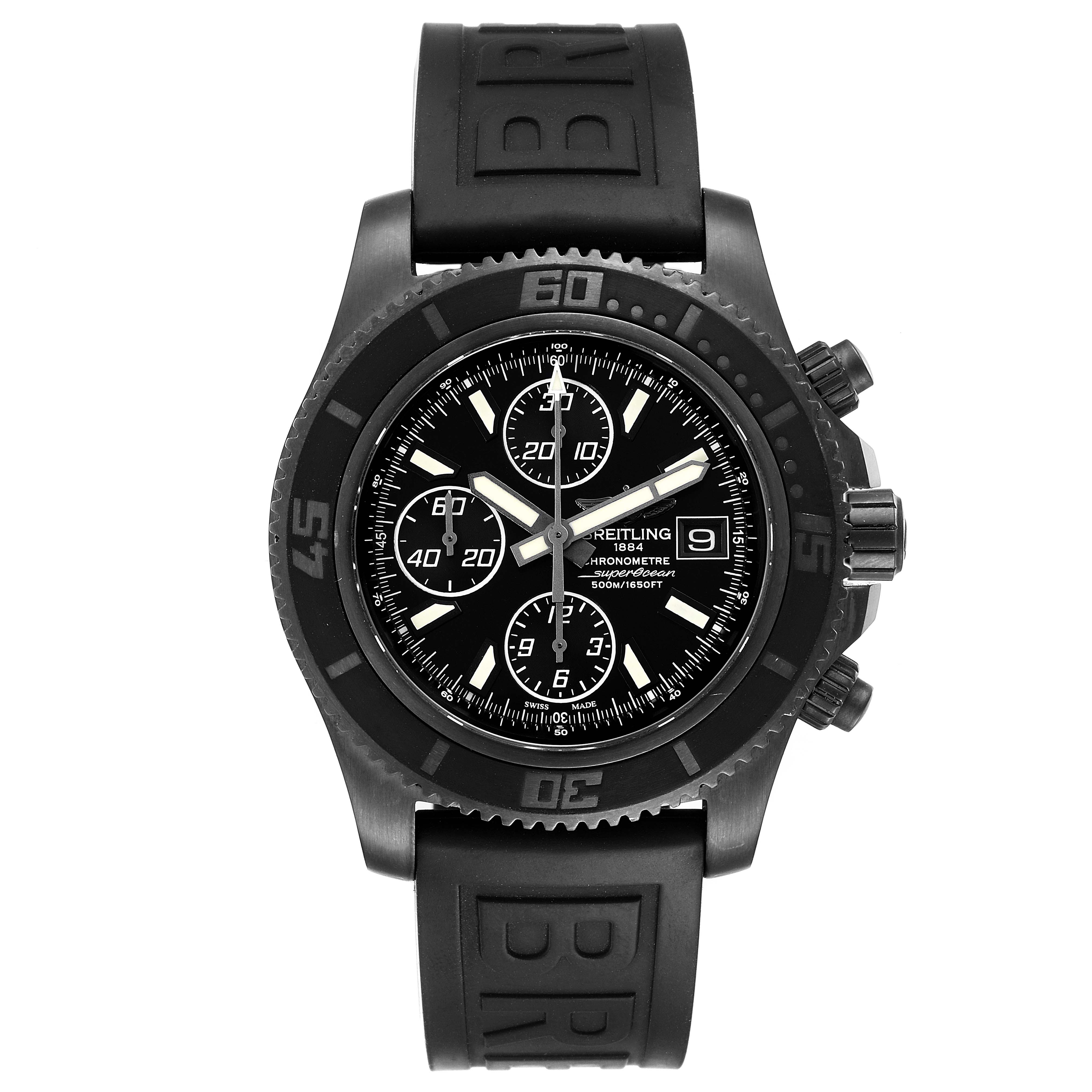 This image shows a front view of a Breitling Superocean M13341 Men's Stainless Steel Black Dial M13341 Men's Stainless Steel Black Dial watch, detailing the face, bezel, chronograph subdials, and rubber strap.