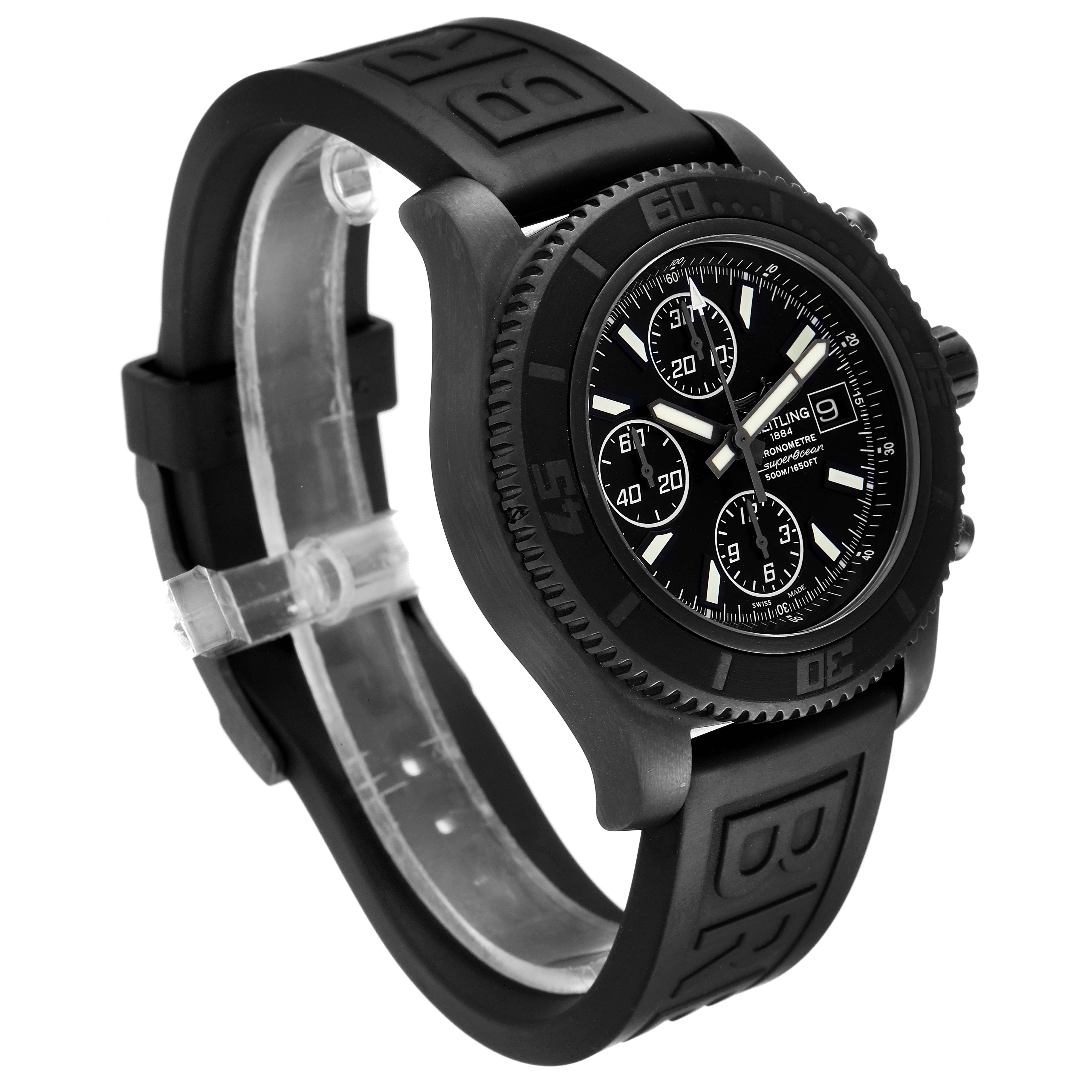 The Breitling Superocean M13341 Men's Stainless Steel Black Dial M13341 Men's Stainless Steel Black Dial watch is displayed at an angle showcasing the face, bezel, and part of the rubber strap.