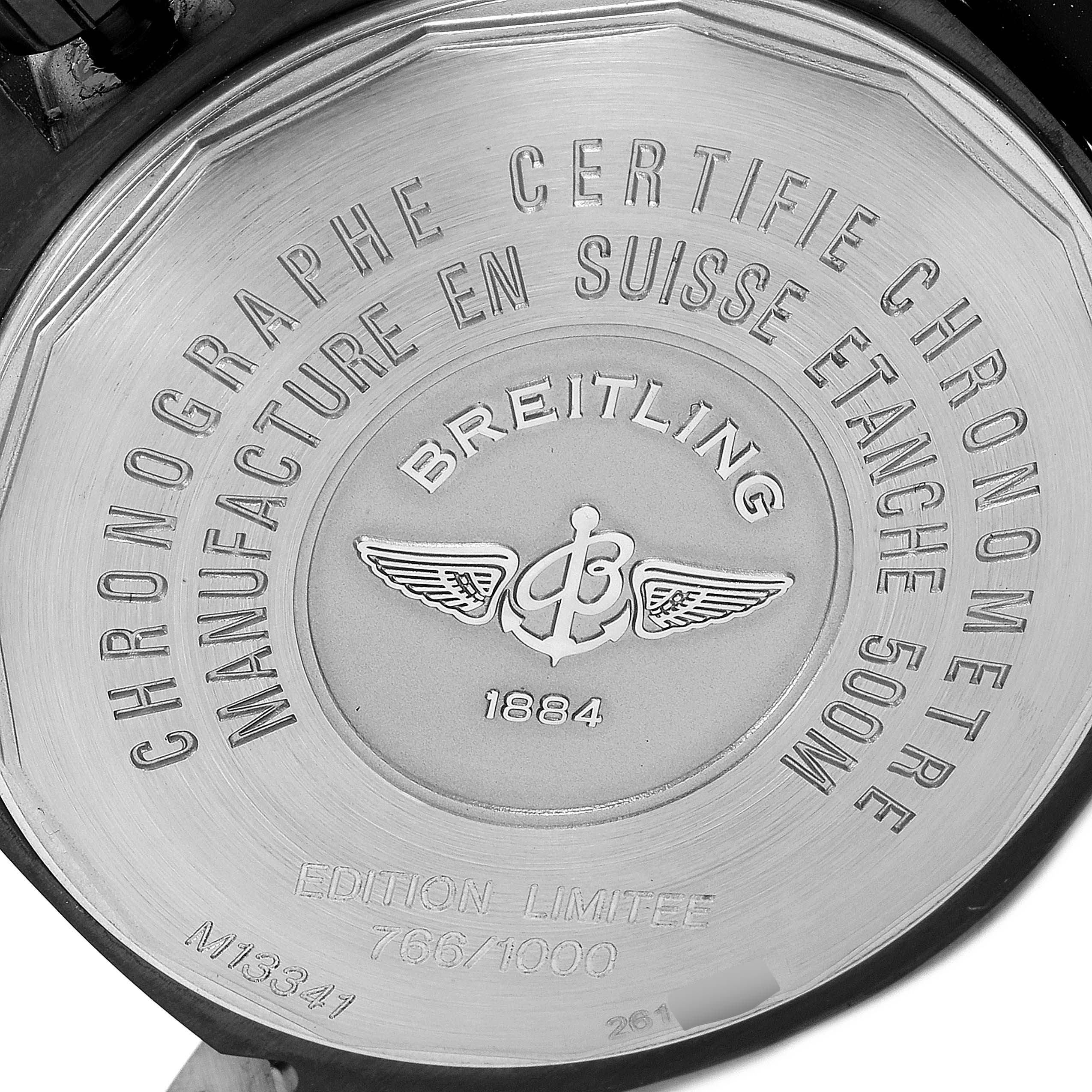 The image shows the back case of the Breitling Superocean M13341 Men's Stainless Steel Black Dial M13341 Men's Stainless Steel Black Dial watch, displaying engravings and certification details.