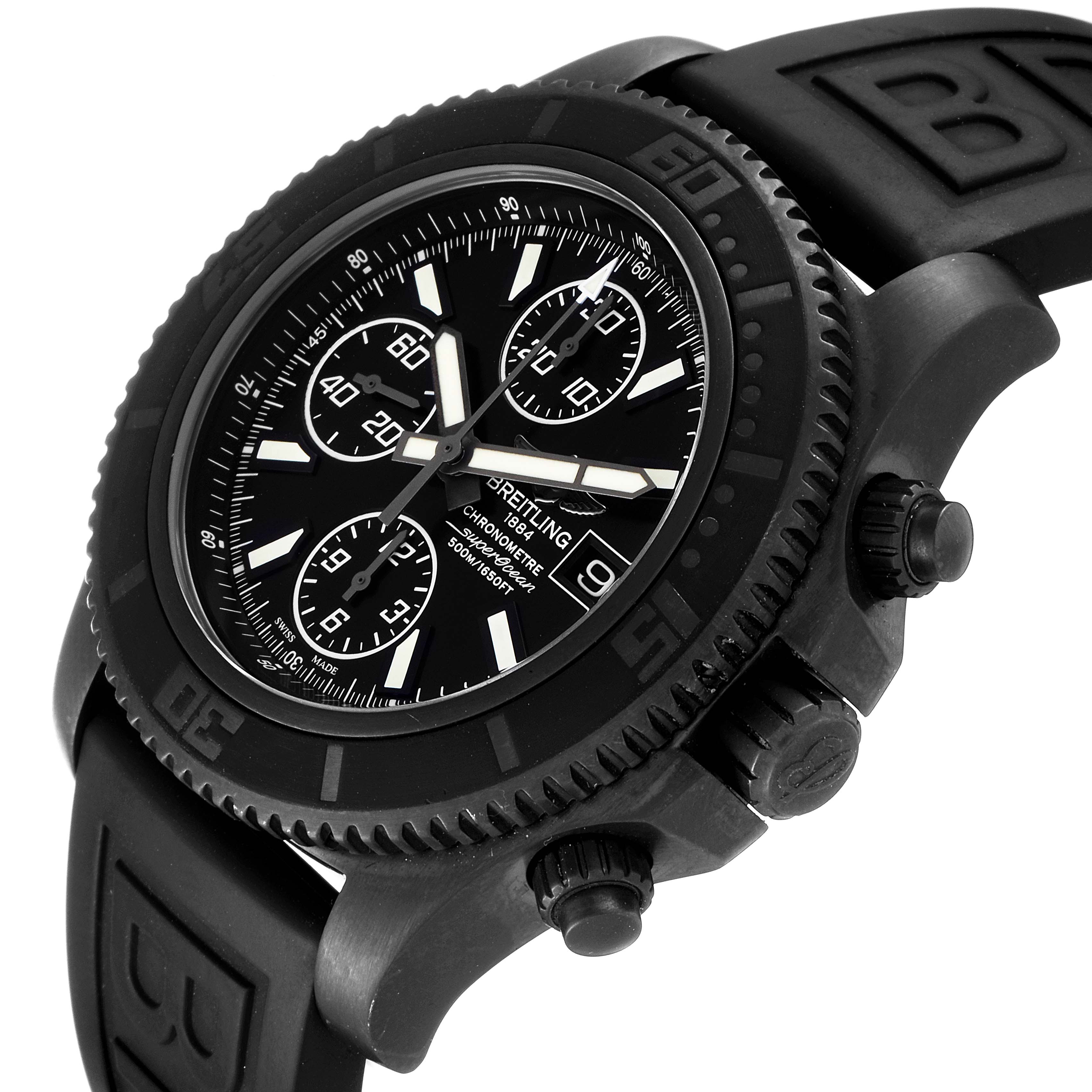 The image shows a Breitling Superocean M13341 Men's Stainless Steel Black Dial M13341 Men's Stainless Steel Black Dial watch angled from the front-right, highlighting the face, bezel, and buttons.