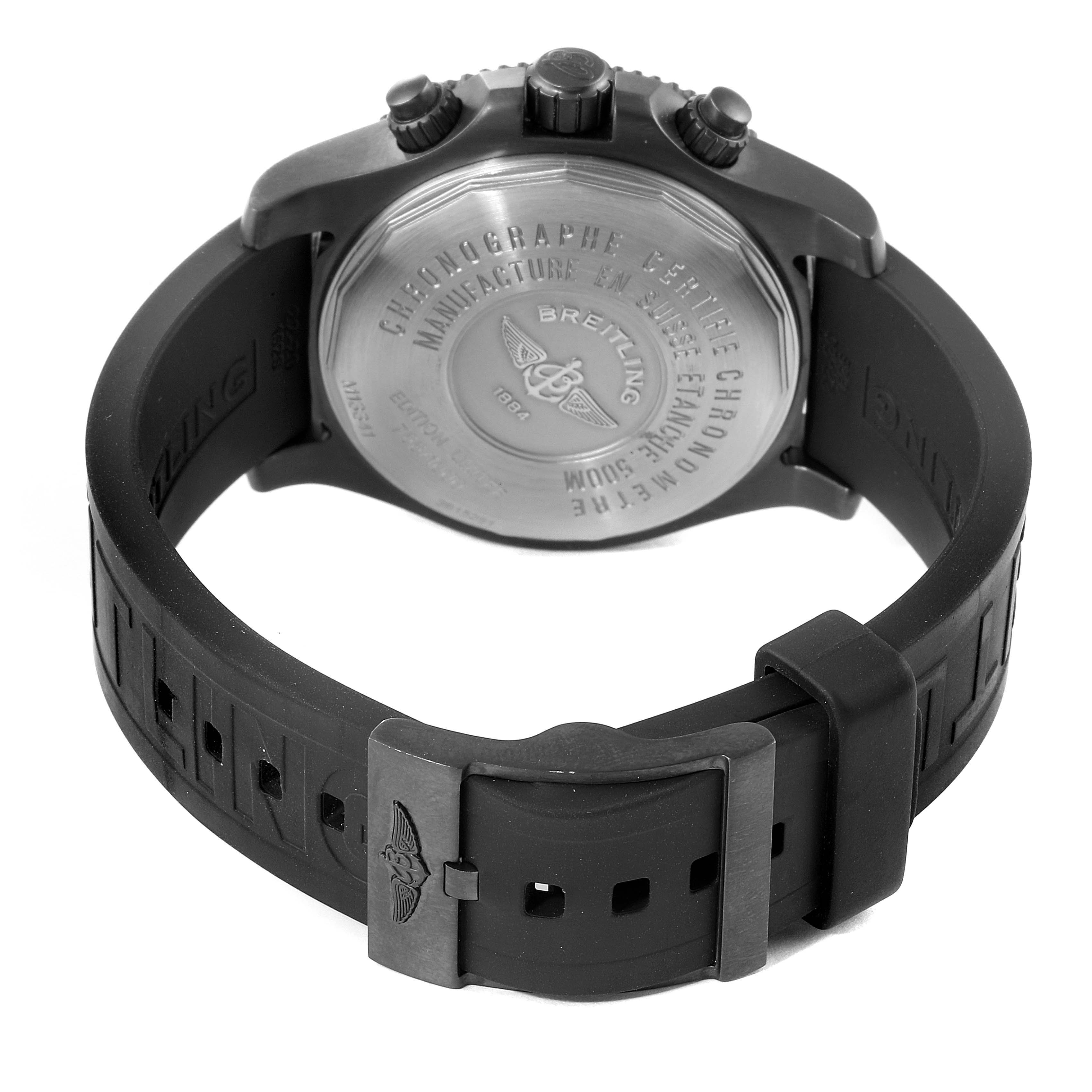 The image shows the back case and strap of a Breitling Superocean M13341 Men's Stainless Steel Black Dial M13341 Men's Stainless Steel Black Dial watch from a rear angle.