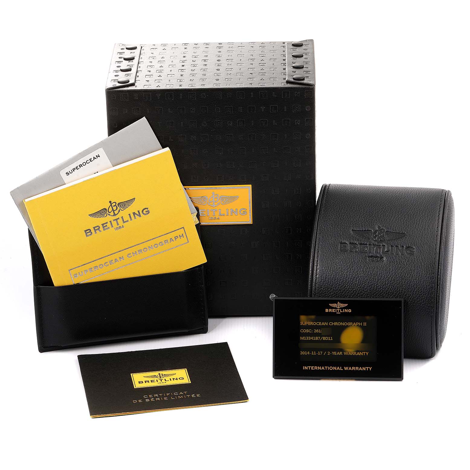 The image shows the box, warranty card, manual, certificate, and leather case for the Breitling Superocean M13341 Men's Stainless Steel Black Dial M13341 Men's Stainless Steel Black Dial watch.