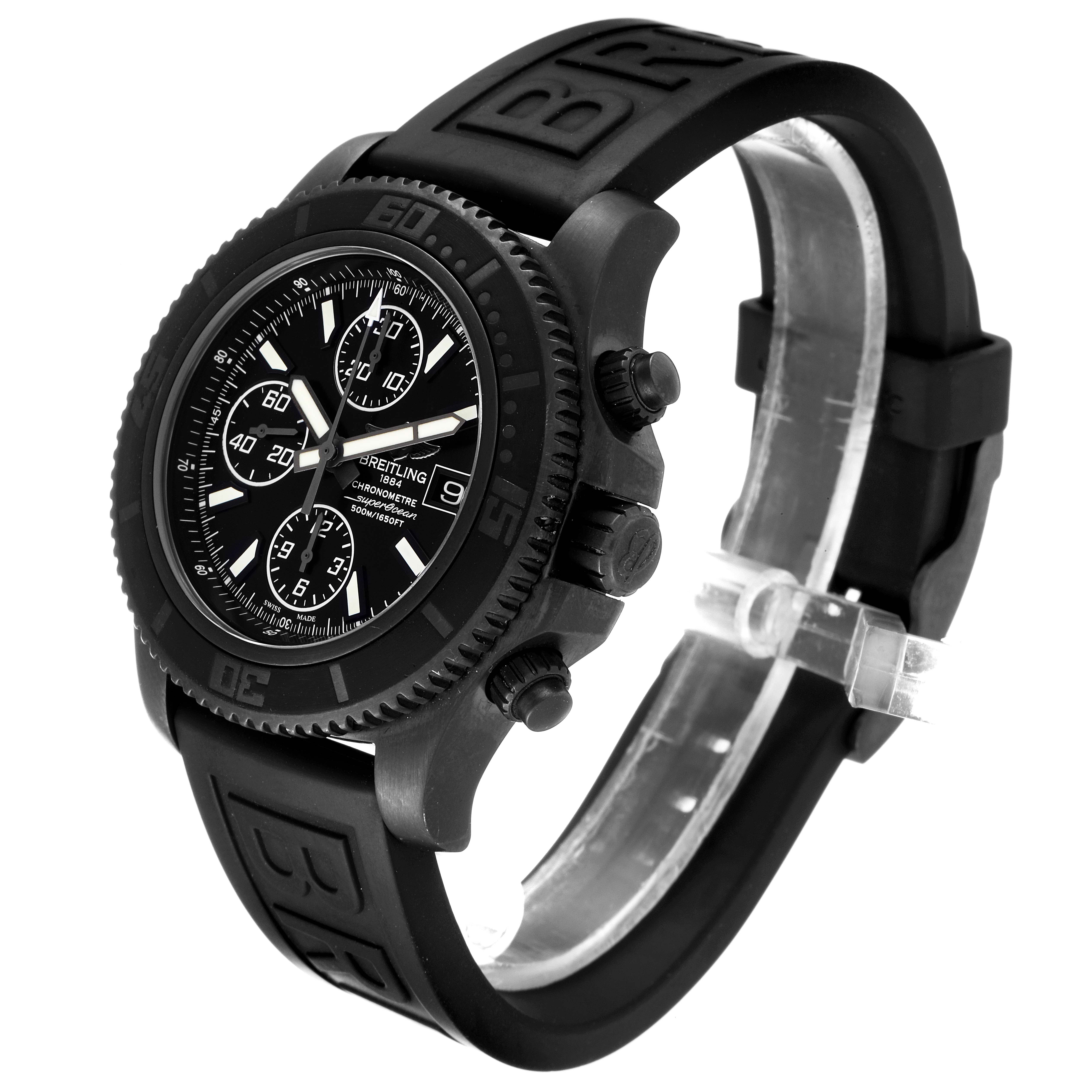 The Breitling Superocean M13341 Men's Stainless Steel Black Dial M13341 Men's Stainless Steel Black Dial watch is shown at a slight side angle, featuring the bezel, dial, chronograph subdials, and rubber strap.