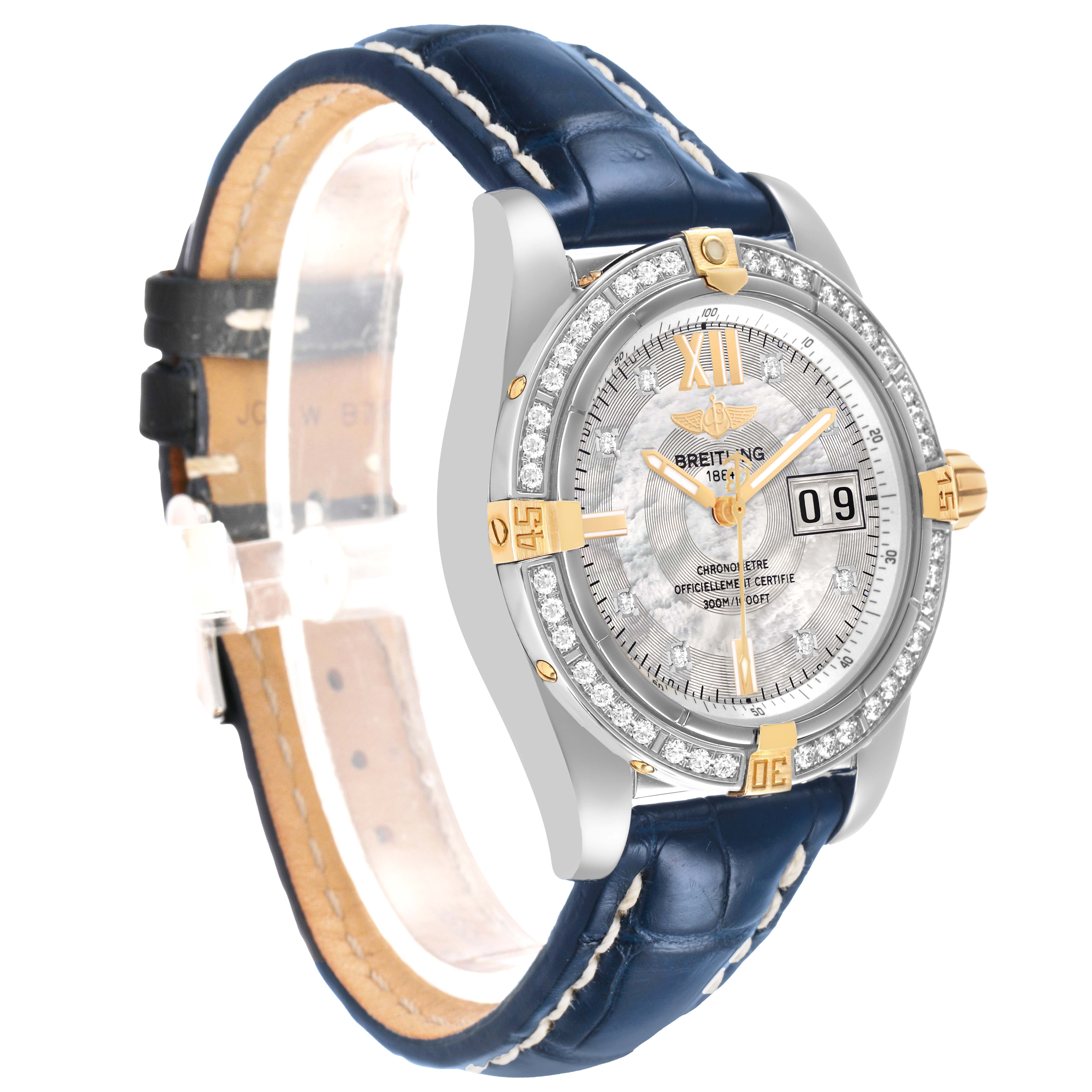 The Breitling Windrider B49350 Men's Steel and Gold (two tone) Mother of Pearl Dial watch is shown from a three-quarter angle, highlighting the bezel, dial, crown, and leather strap.