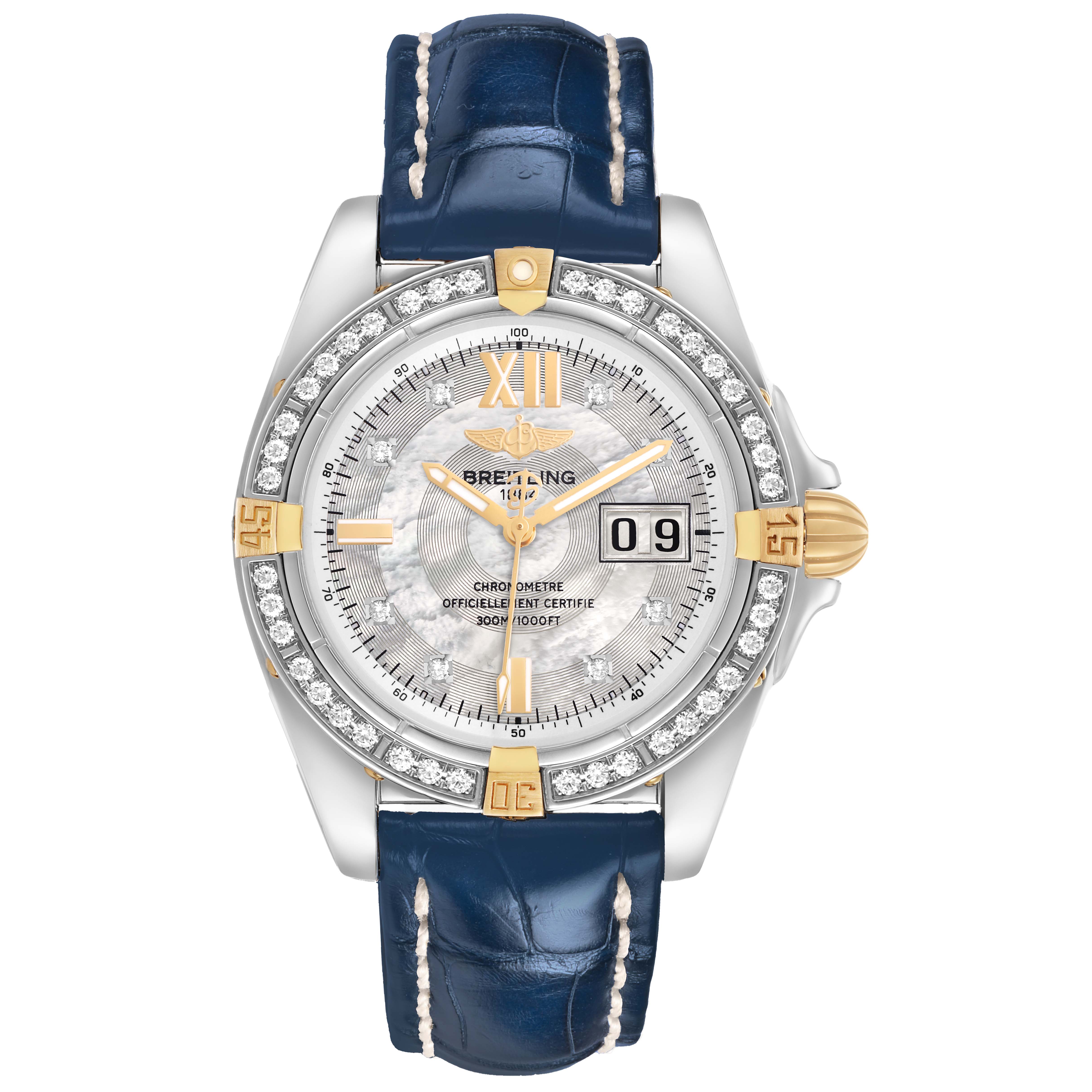 The Breitling Windrider B49350 Men's Steel and Gold (two tone) Mother of Pearl Dial watch is shown from a top angle, highlighting the bezel, face, and blue leather strap.