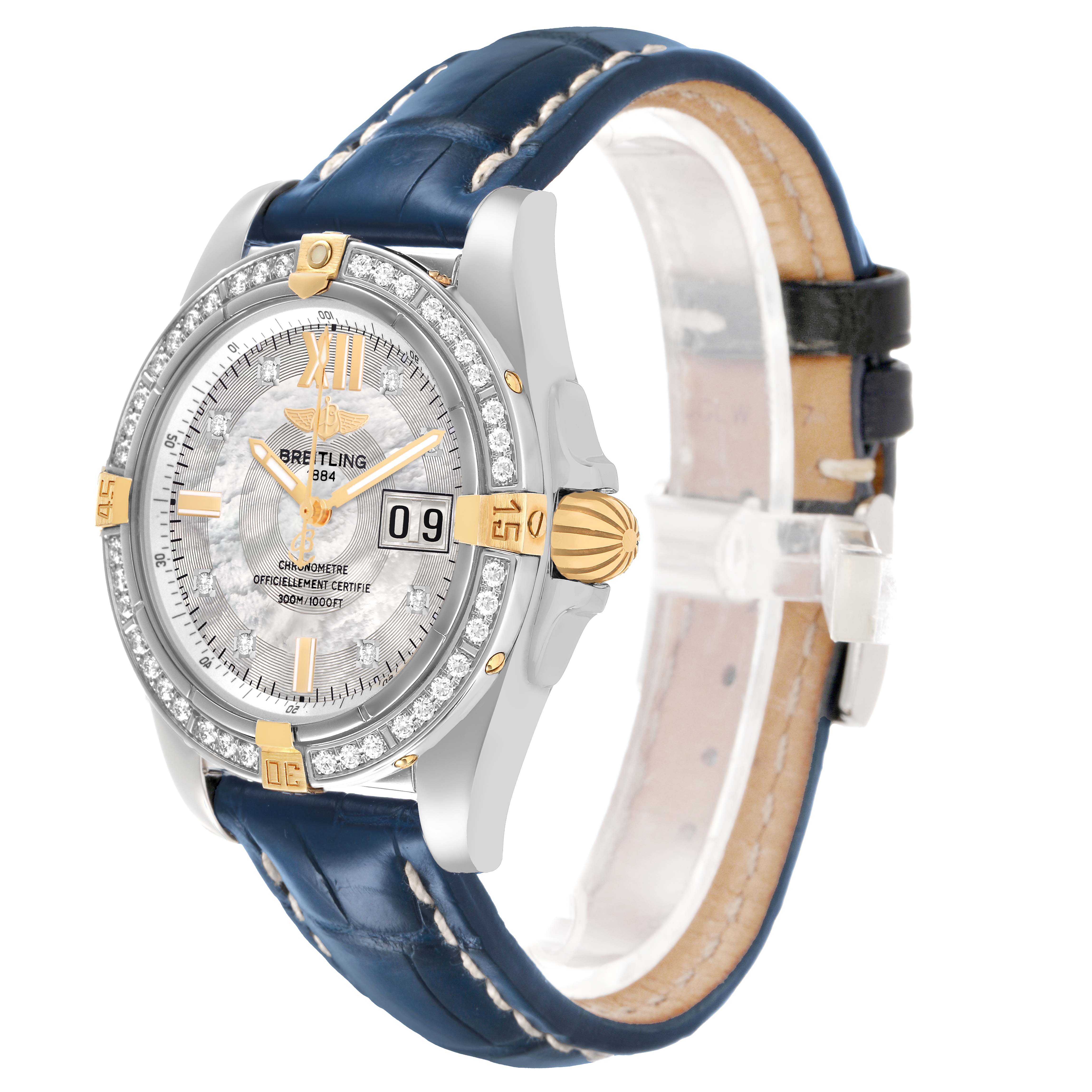 The Breitling Windrider B49350 Men's Steel and Gold (two tone) Mother of Pearl Dial watch is shown at an angled side view, highlighting the bezel, face, and strap details.
