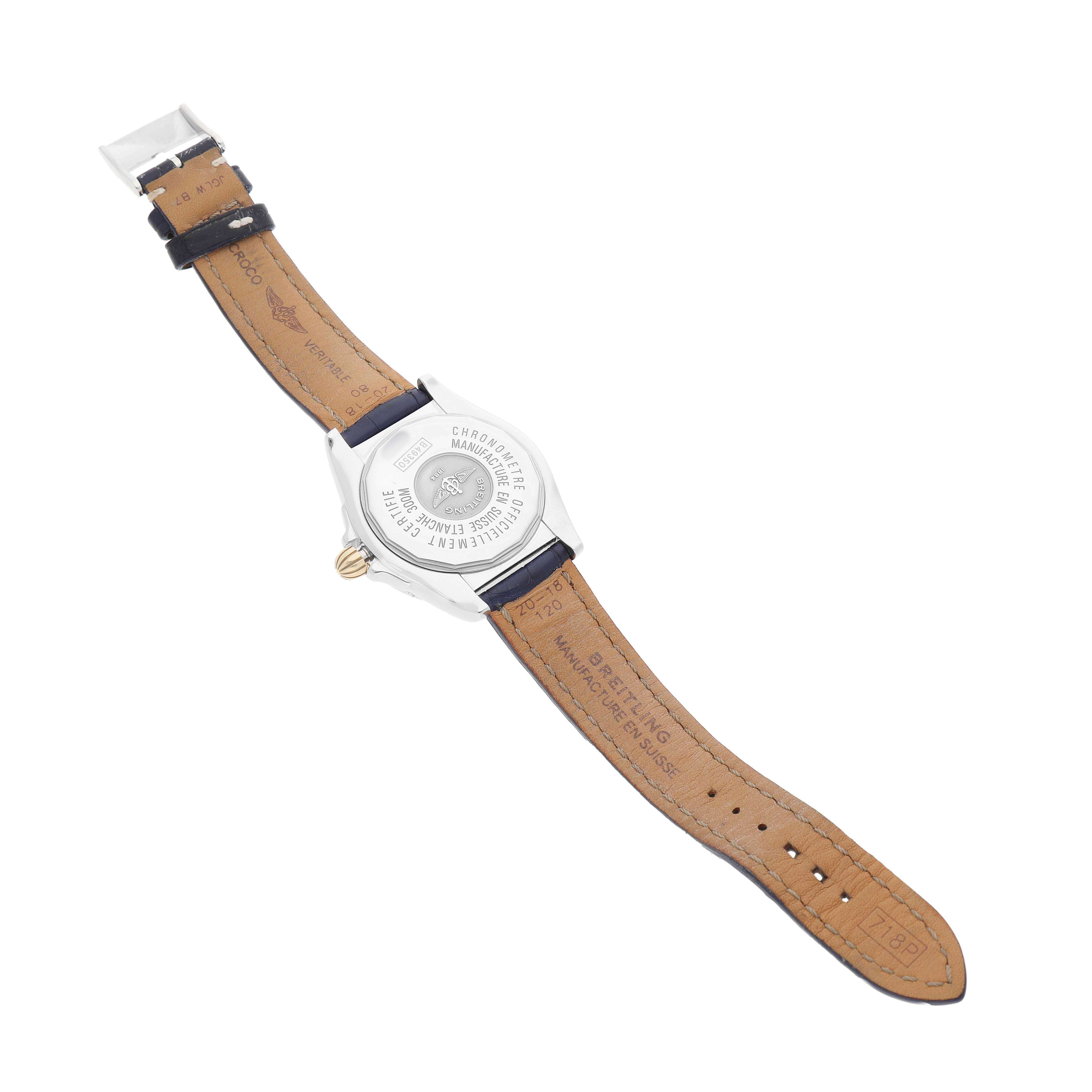 The image shows the back of a Breitling Windrider B49350 Men's Steel and Gold (two tone) Mother of Pearl Dial watch, displaying its case back and leather strap.