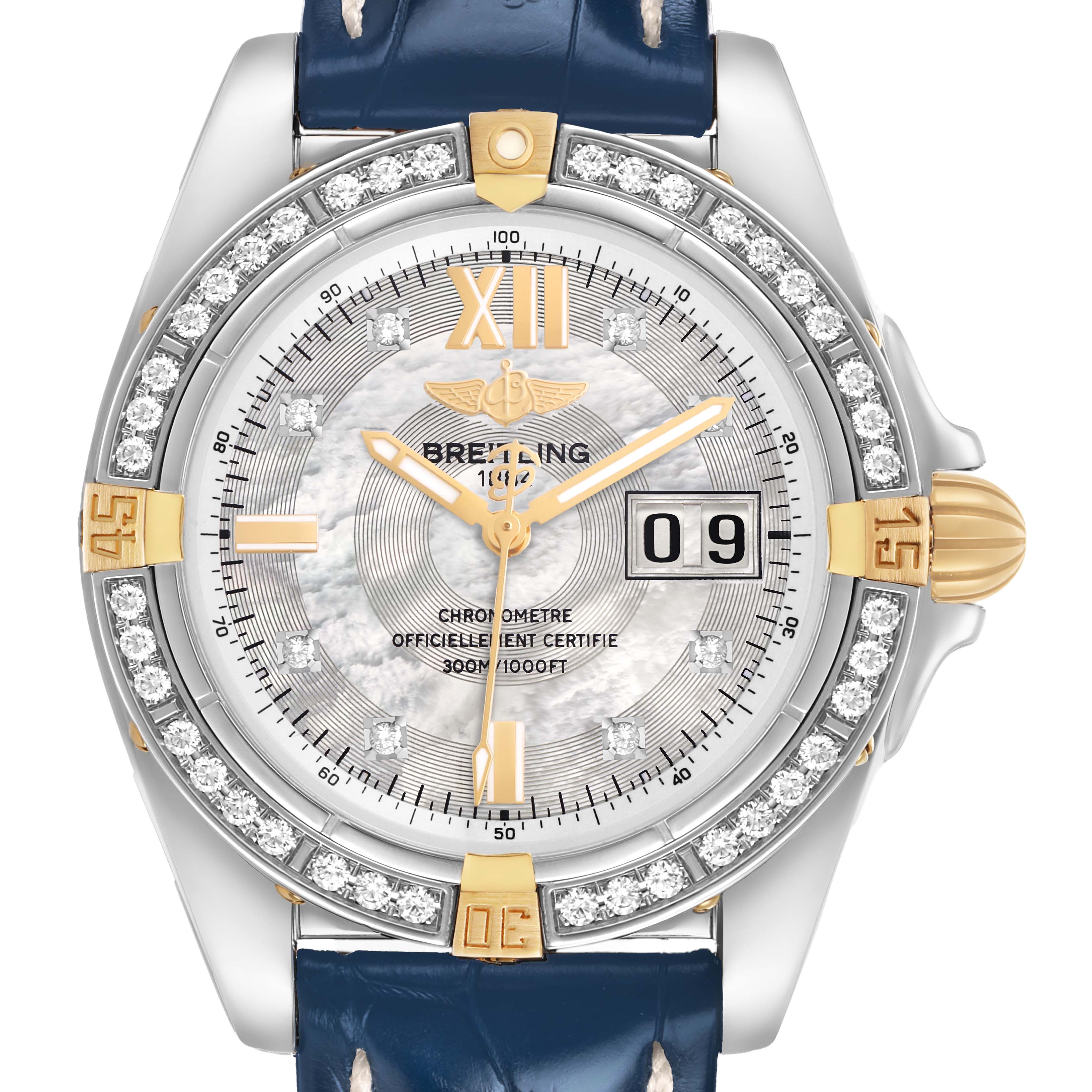 The Breitling Windrider B49350 Men's Steel and Gold (two tone) Mother of Pearl Dial watch is shown from a top-down angle, highlighting the dial, bezel, and crown.