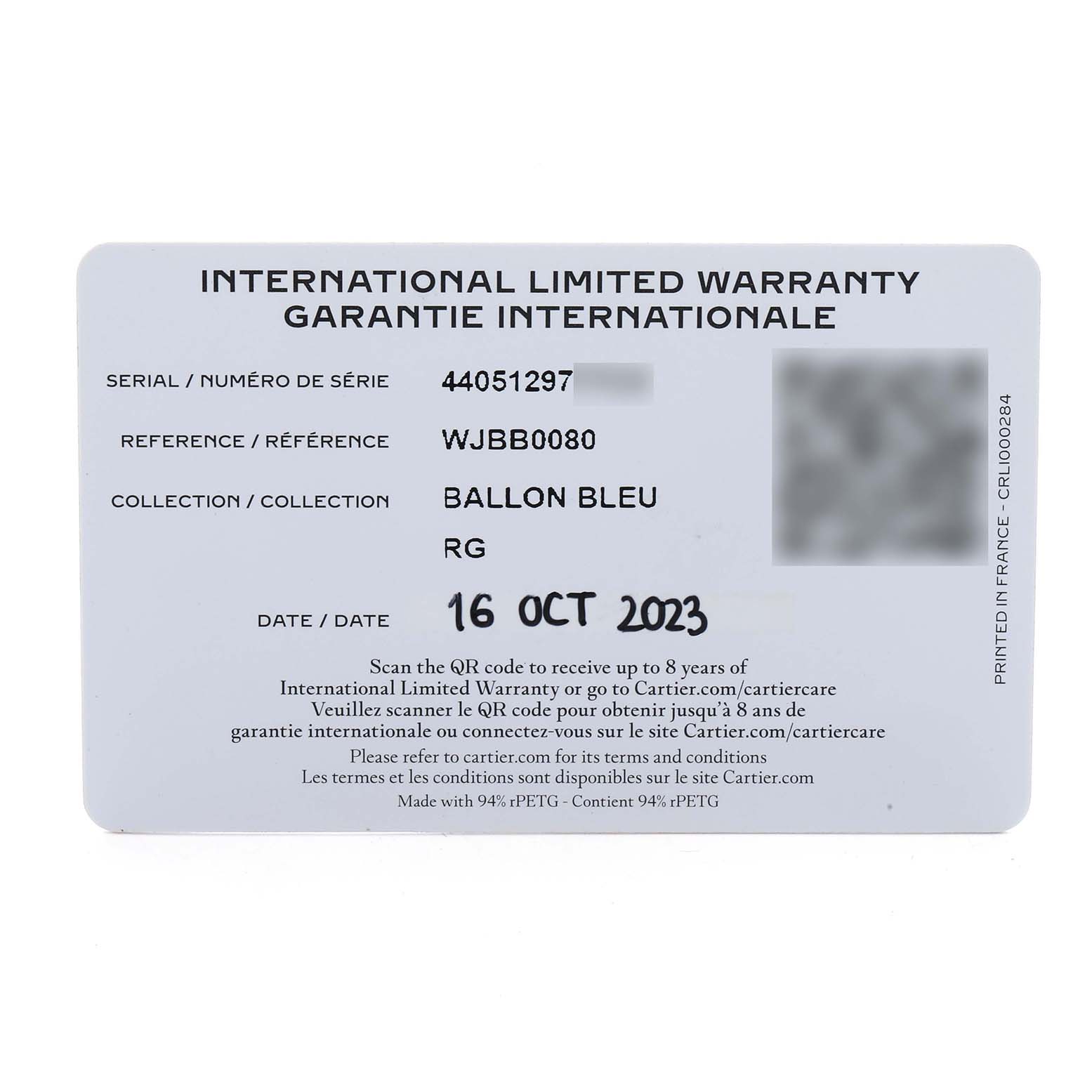 The image shows an international limited warranty card for the Cartier Ballon Bleu WJBB0080 Women
s Rose Gold Silver Dial watch.