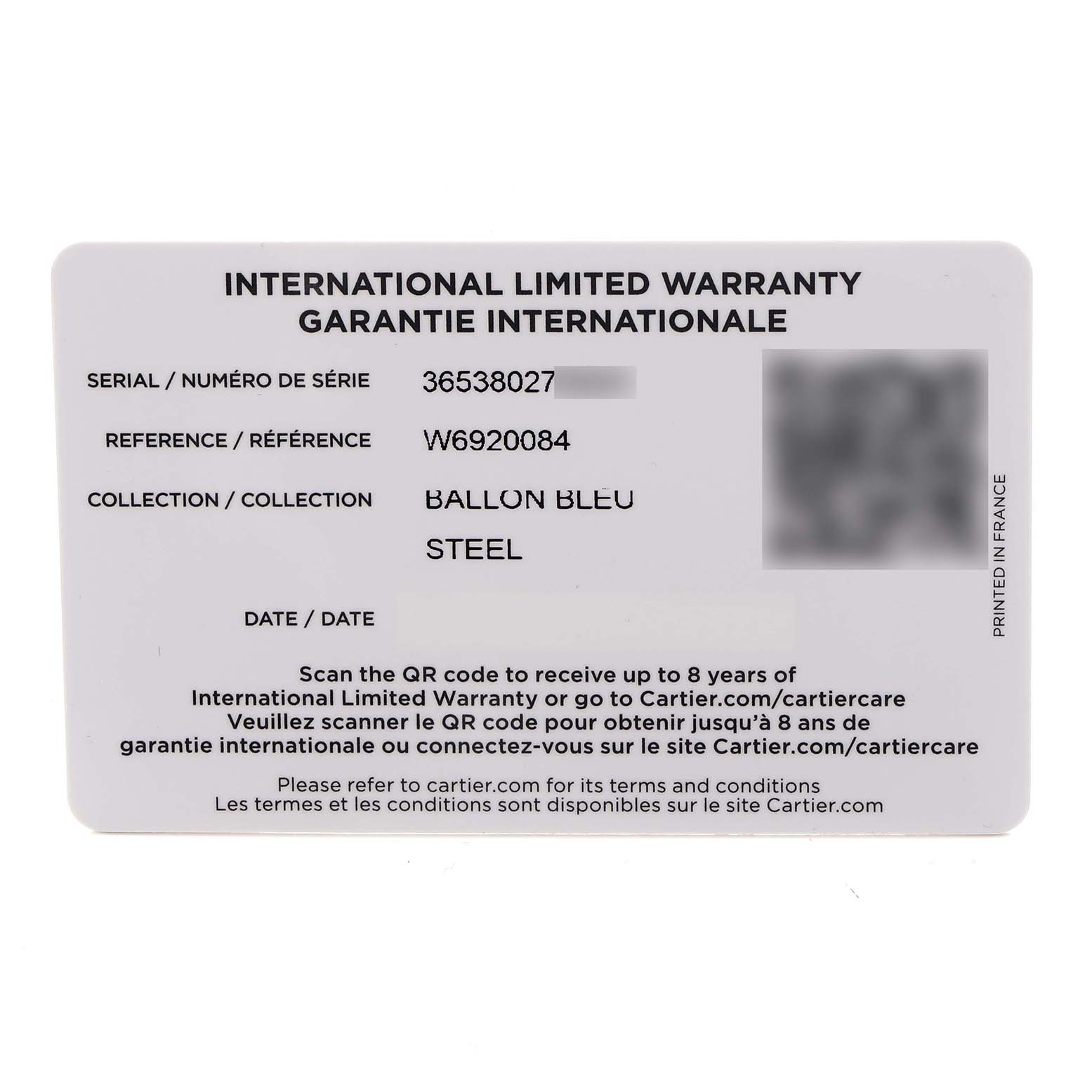 The image shows an International Limited Warranty card for the Cartier Ballon Bleu W6920084 Women
s Stainless Steel Silver Dial watch, detailing the serial and reference numbers.