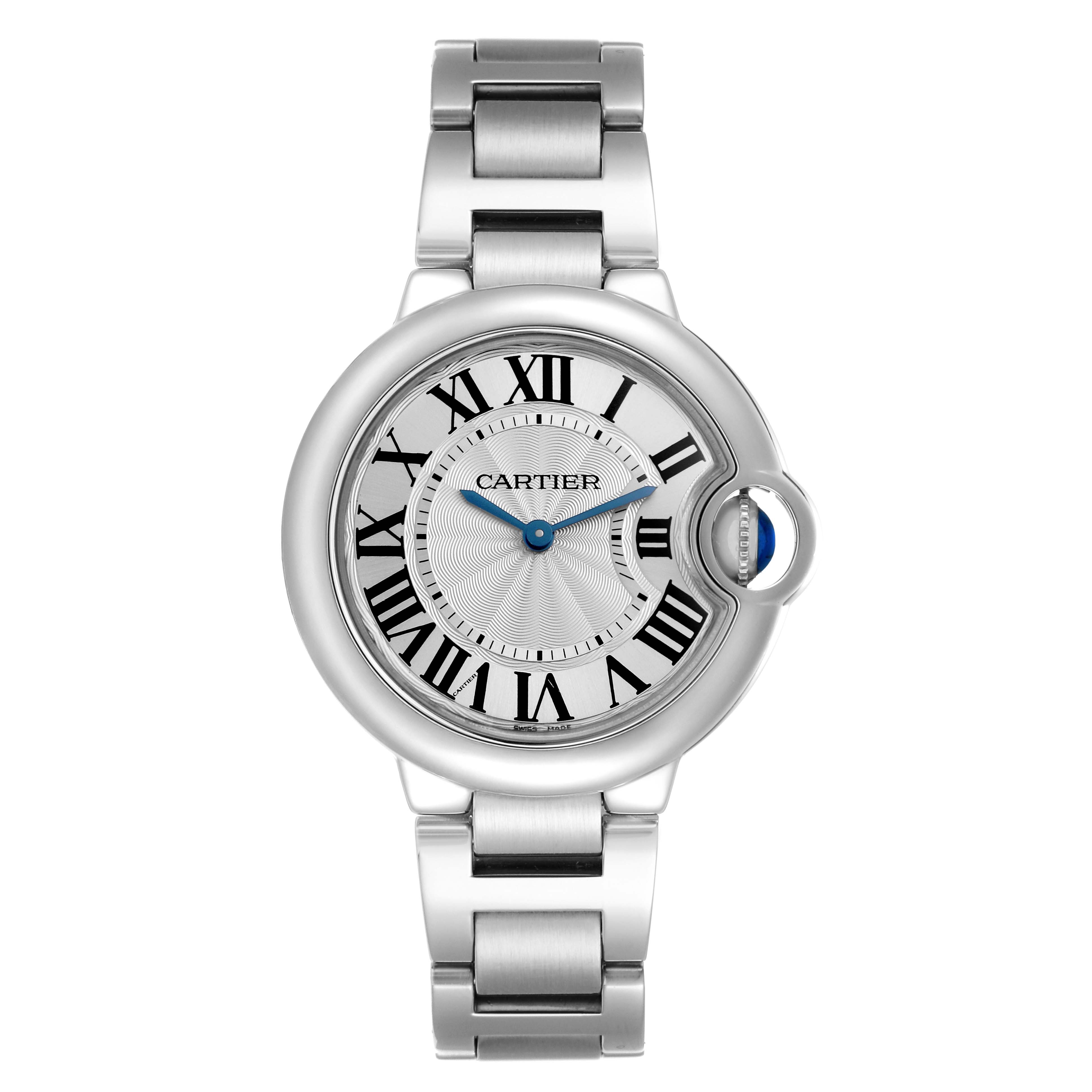 The Cartier Ballon Bleu W6920084 Women
s Stainless Steel Silver Dial watch is shown from a front angle, highlighting the dial and bracelet.