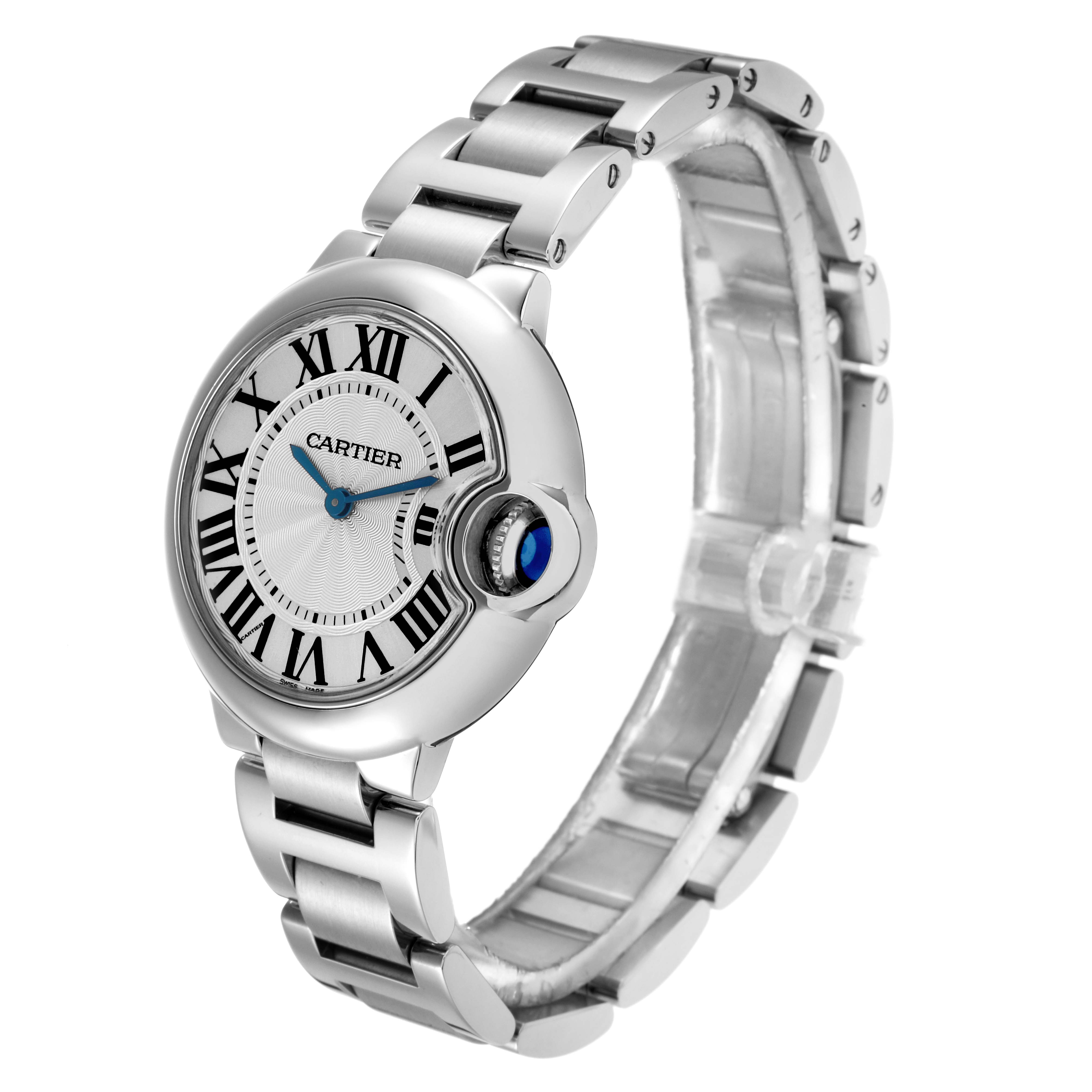 The Cartier Ballon Bleu W6920084 Women
s Stainless Steel Silver Dial watch is shown at a three-quarter angle, highlighting the face, crown, and bracelet.