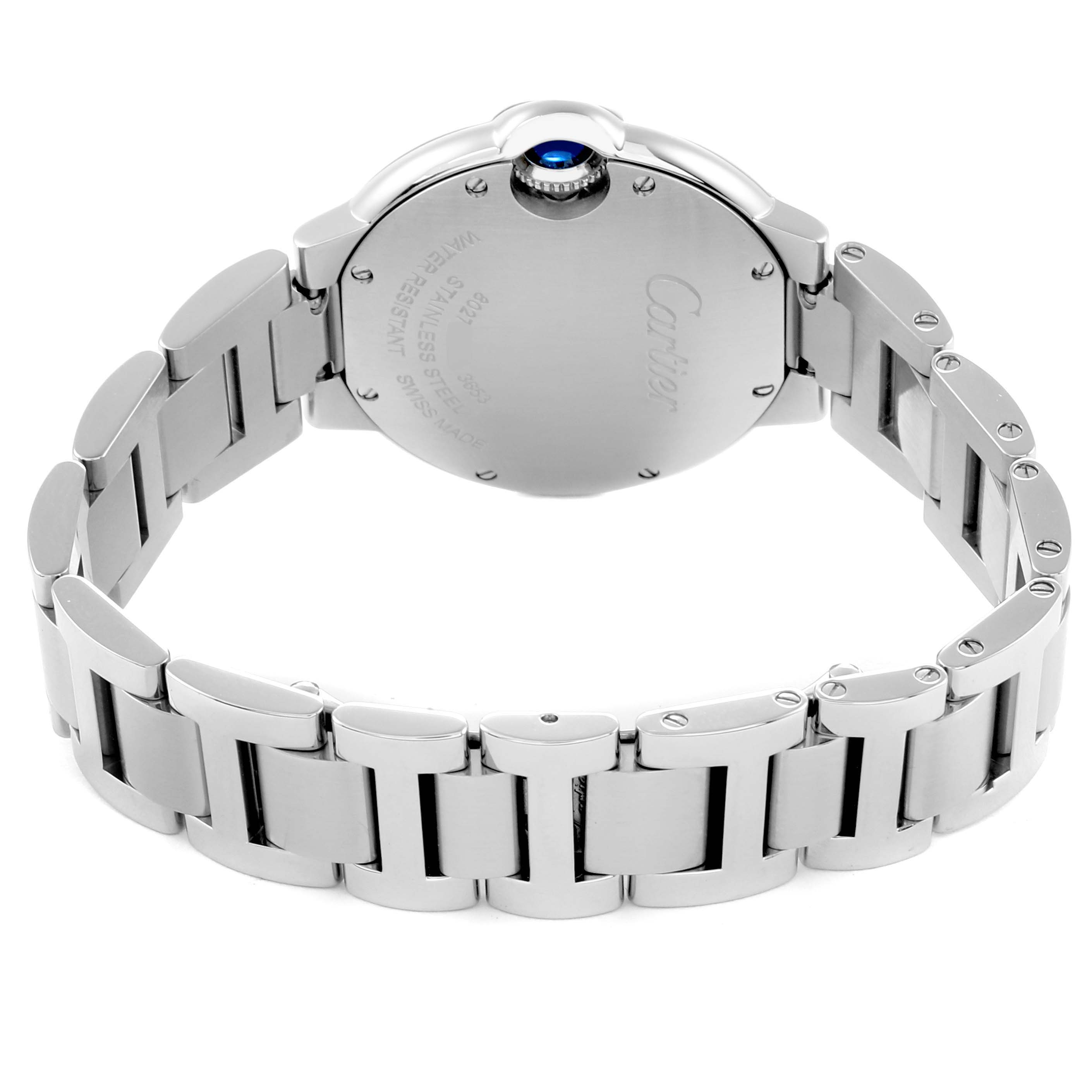 The image shows the back of the Cartier Ballon Bleu W6920084 Women
s Stainless Steel Silver Dial watch and its metal bracelet from a rear angle.