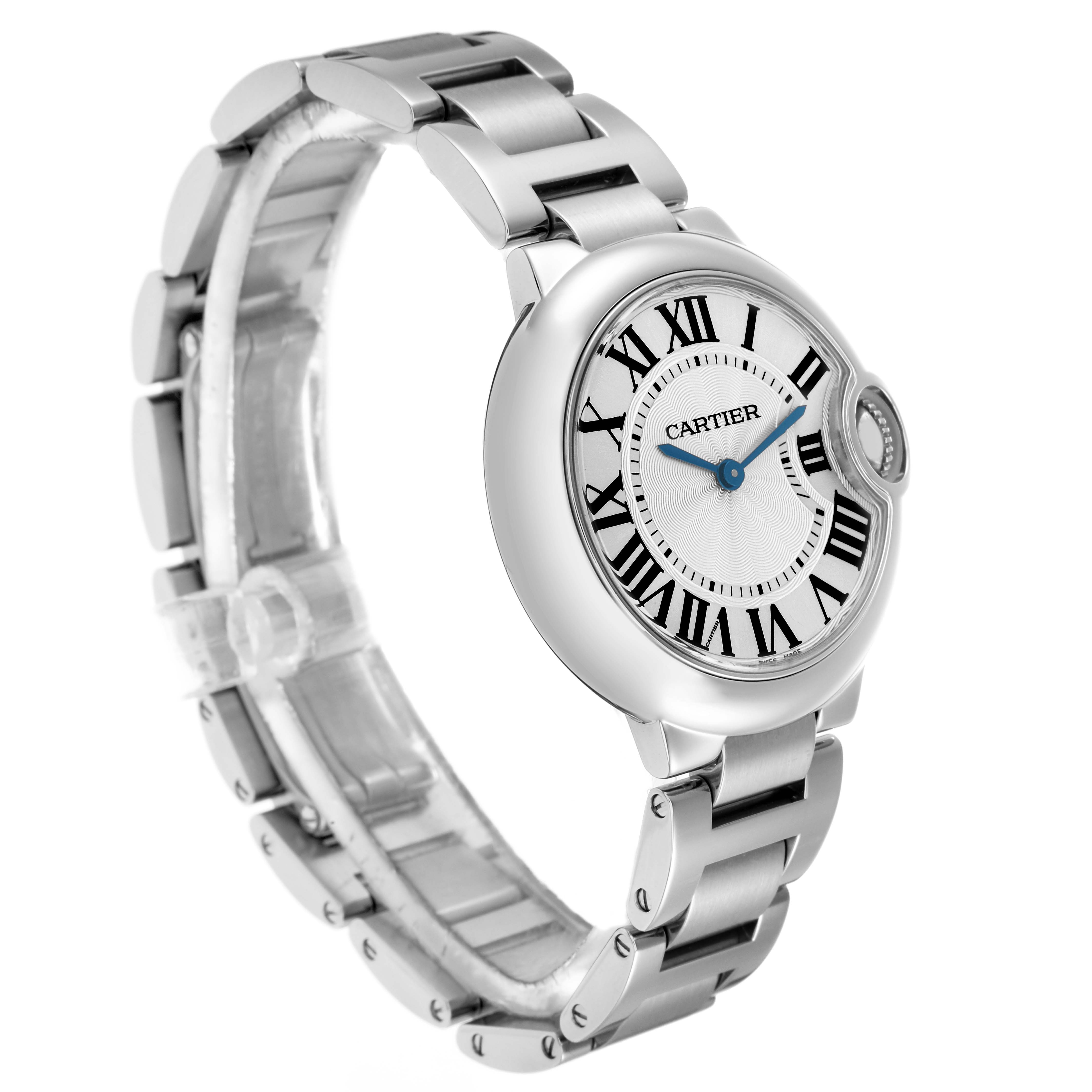 The Cartier Ballon Bleu W6920084 Women
s Stainless Steel Silver Dial watch is shown in a three-quarter view, highlighting the face, bracelet, and signature crown.