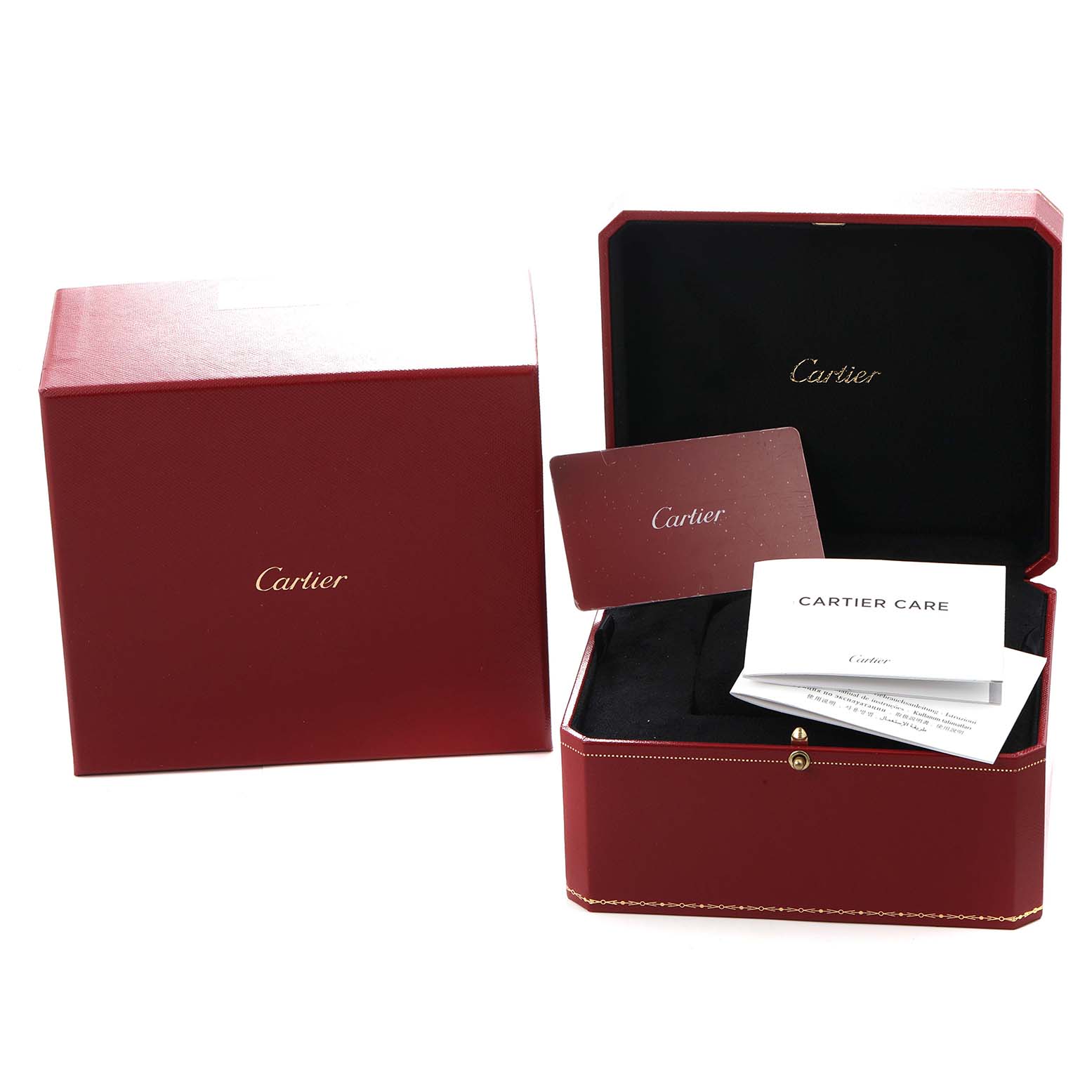 The image shows the packaging and accessories for a Cartier Ballon Bleu W6920084 Women
s Stainless Steel Silver Dial watch, including the box and care booklet.