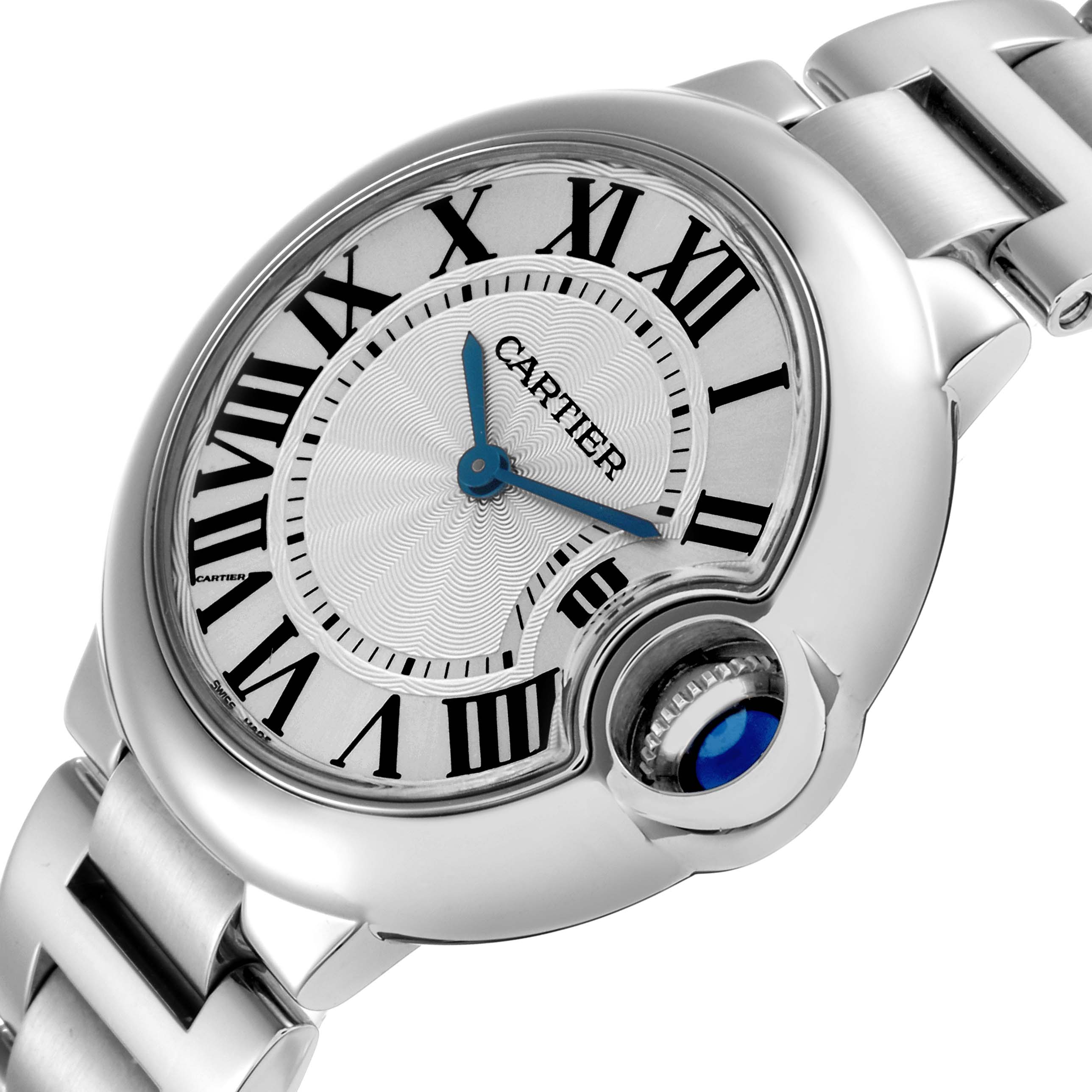 The Cartier Ballon Bleu W6920084 Women
s Stainless Steel Silver Dial watch is shown at a slight angle displaying the face, Roman numerals, blue hands, crown, and part of the bracelet.