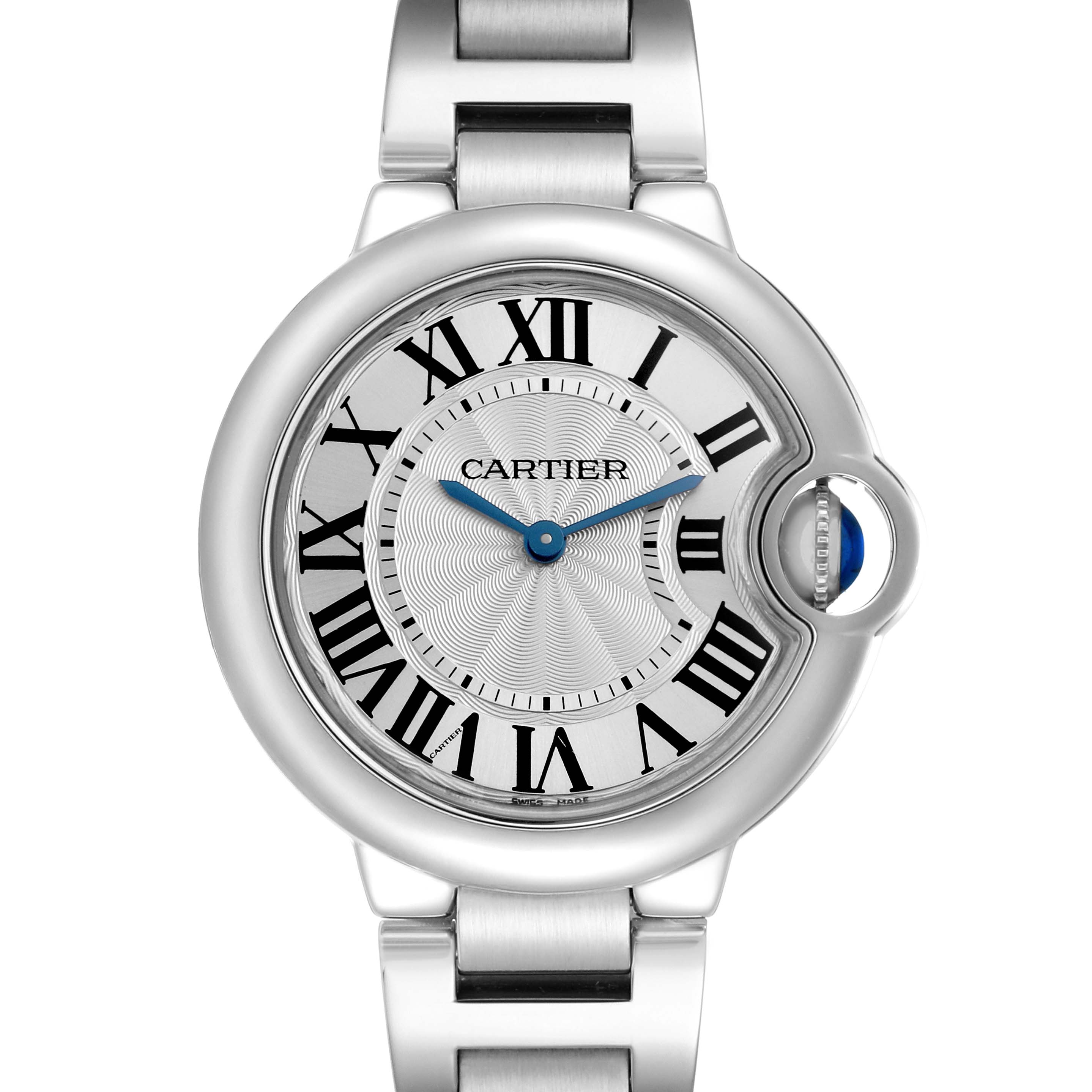 The Cartier Ballon Bleu W6920084 Women
s Stainless Steel Silver Dial watch is shown from the front, highlighting the dial, Roman numerals, and signature crown.