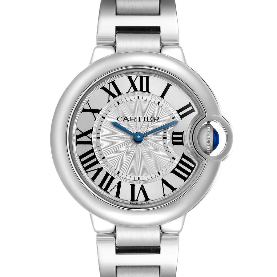 The Cartier Ballon Bleu W6920084 Women's Stainless Steel Silver Dial watch is shown from the front, highlighting the dial, Roman numerals, and signature crown.
