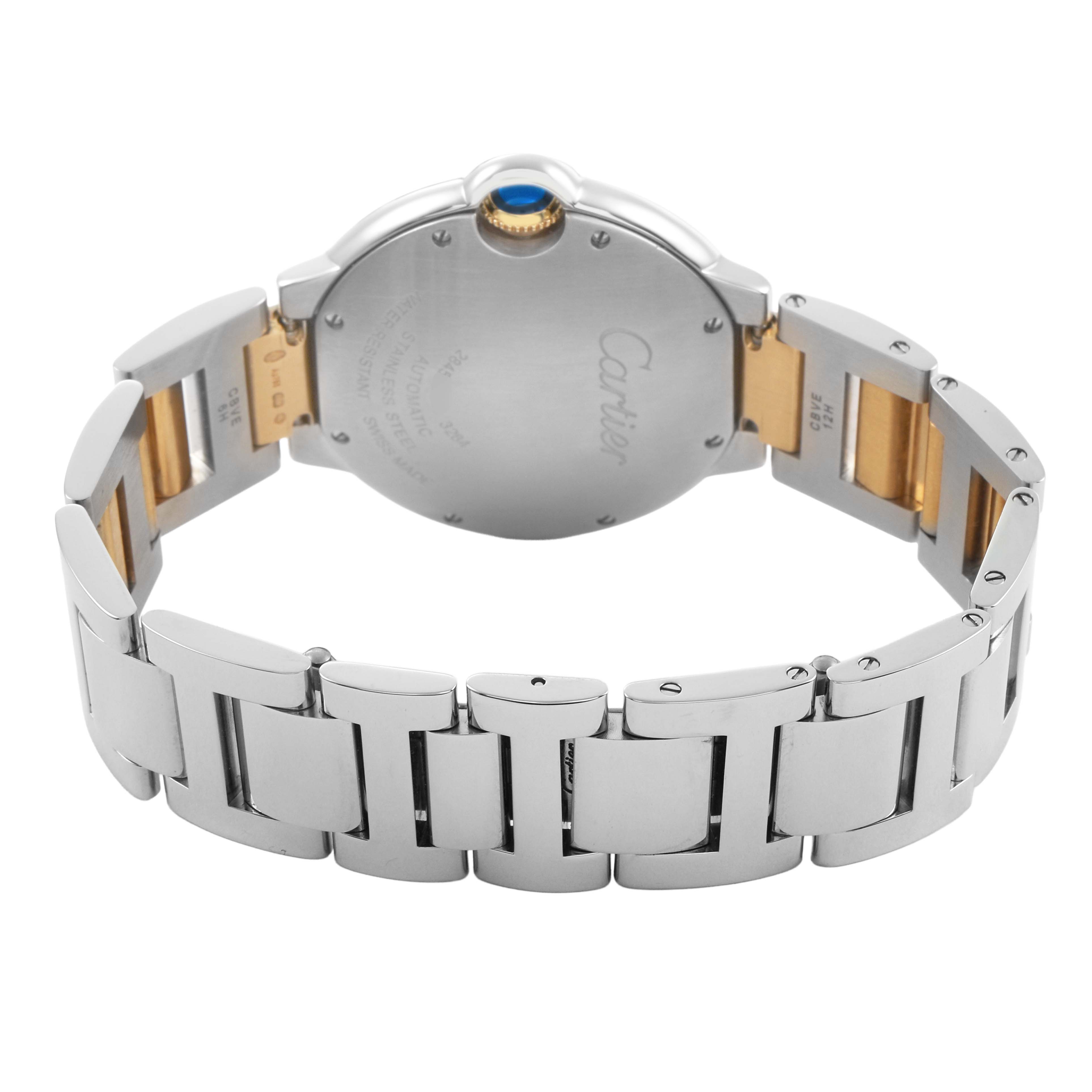 The image shows the back and bracelet of a Cartier Ballon Bleu W6920047 Women's Steel and Gold (two tone) Silver Dial watch, highlighting the clasp and casing details.