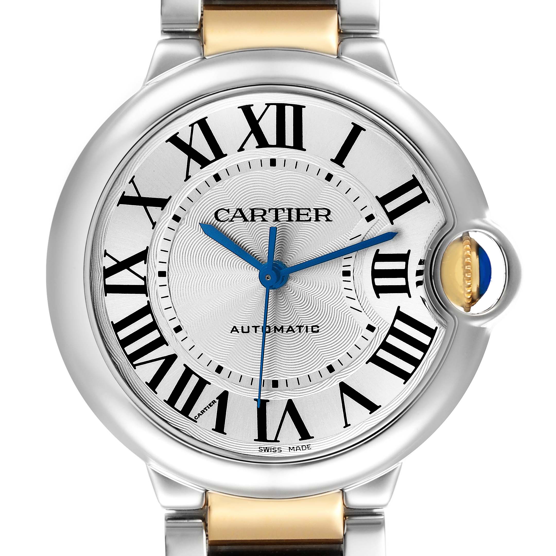 The Cartier Ballon Bleu W6920047 Women's Steel and Gold (two tone) Silver Dial watch is shown from the front, displaying the dial, hands, Roman numerals, and crown with a blue cabochon.