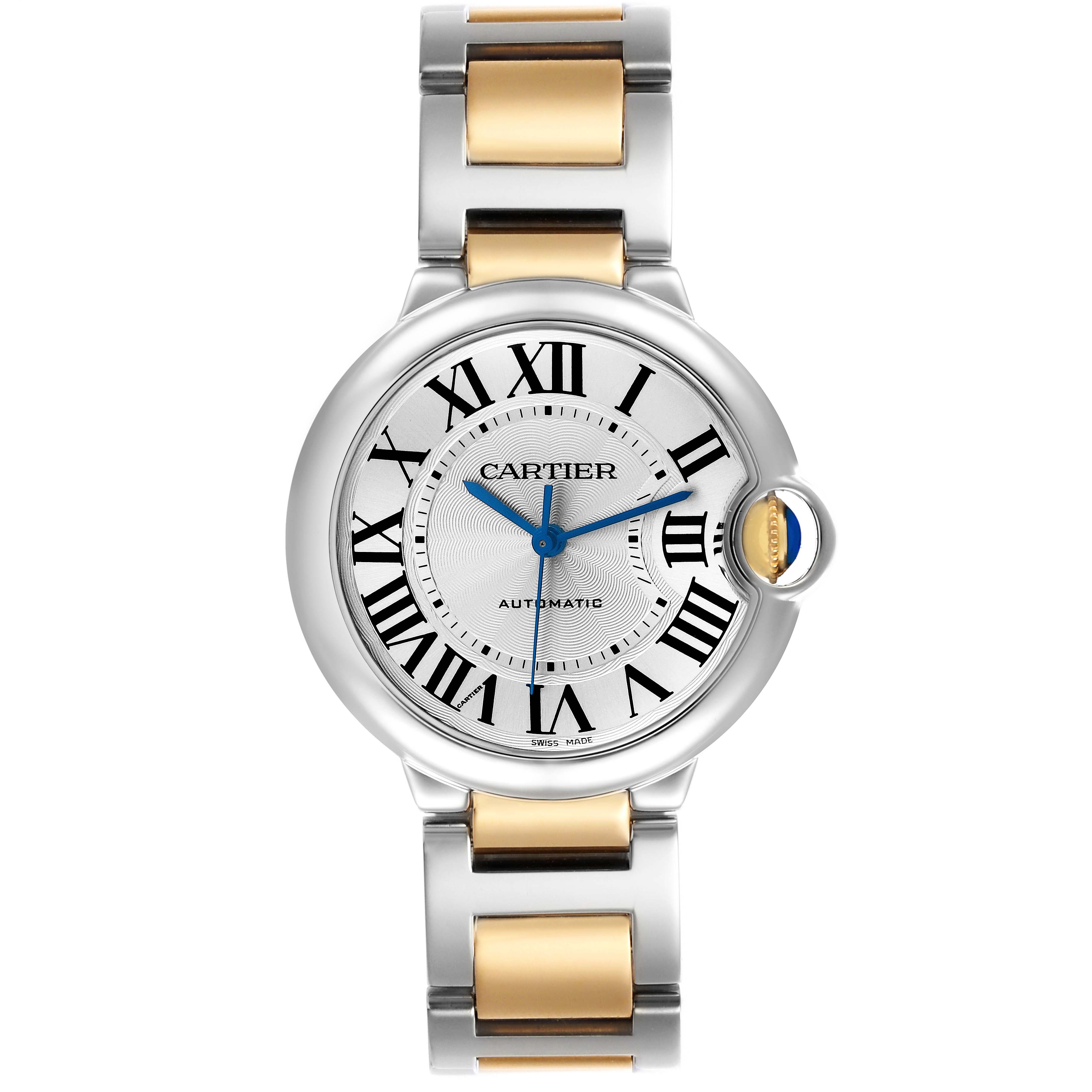 The Cartier Ballon Bleu W6920047 Women's Steel and Gold (two tone) Silver Dial watch is shown from the front, highlighting its face, Roman numerals, blue hands, and metal bracelet.