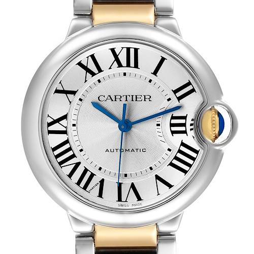 The Cartier Ballon Bleu W6920047 Women's Steel and Gold (two tone) Silver Dial watch is shown from a front angle, highlighting the dial, Roman numerals, and the signature crown.