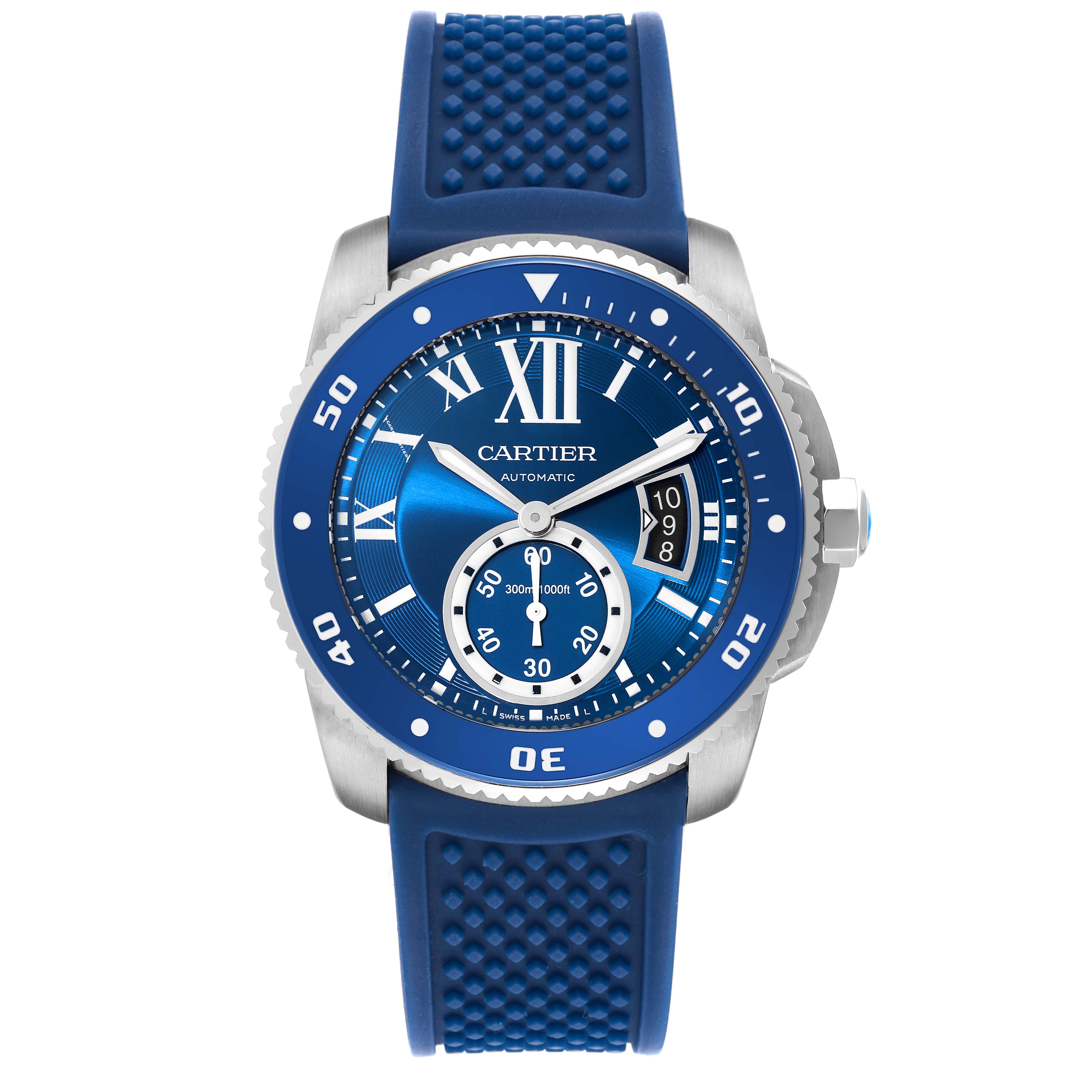 The image shows a front view of the Calibre de Cartier watch by Cartier, featuring a blue strap and bezel.