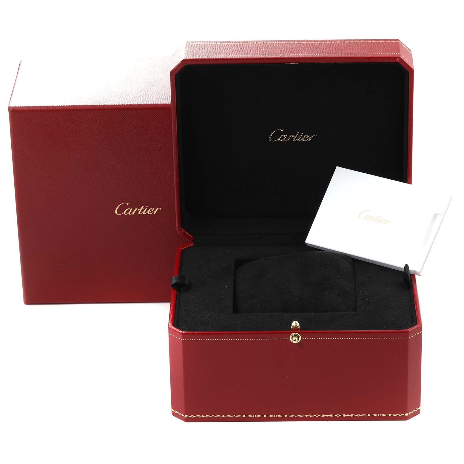 The image shows the open box and manual for a Calibre de Cartier watch by Cartier with the box at a slight front angle.