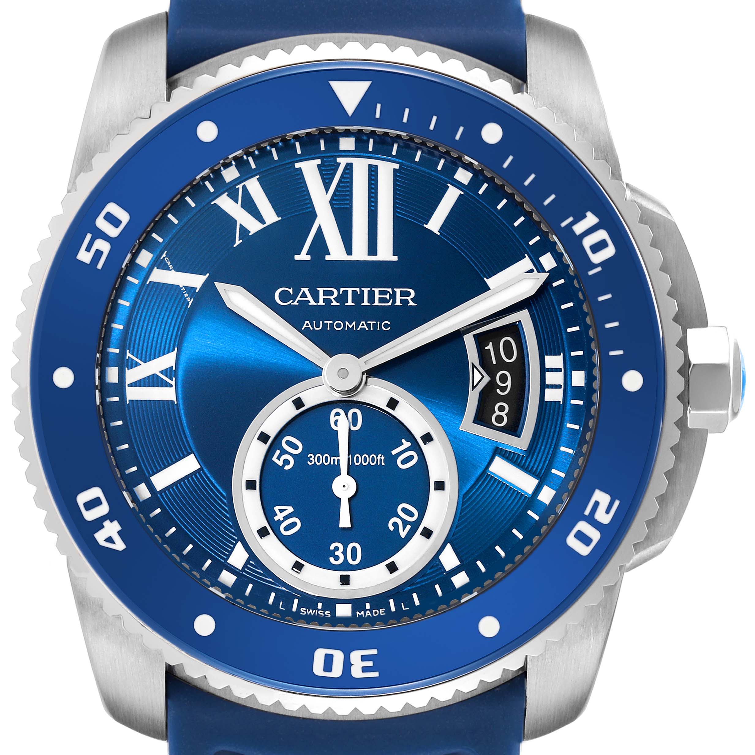This image shows a frontal view of a Calibre de Cartier watch by Cartier, highlighting the dial, bezel, hands, and date window.