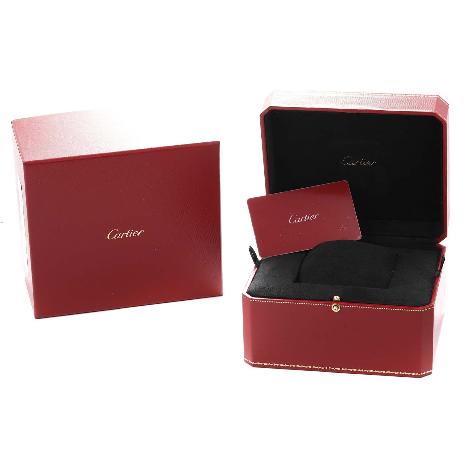 The image shows the packaging and card for a Cartier Panthere WJPN0020 Women
s Rose Gold Silver Dial model, featuring an open and closed red box with the brand logo.