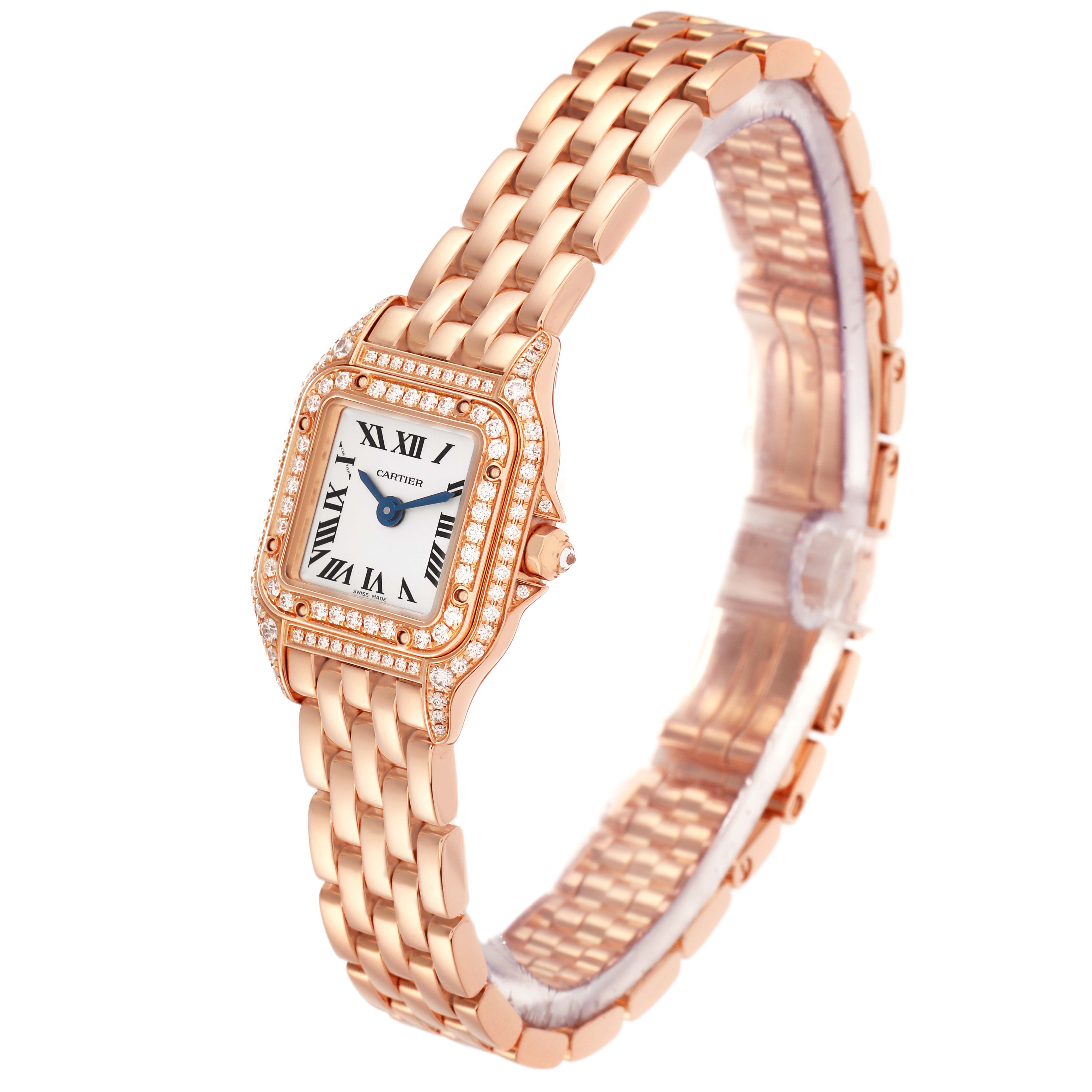 The Cartier Panthere WJPN0020 Women
s Rose Gold Silver Dial watch is shown at a three-quarter angle, highlighting its face, case, and bracelet.