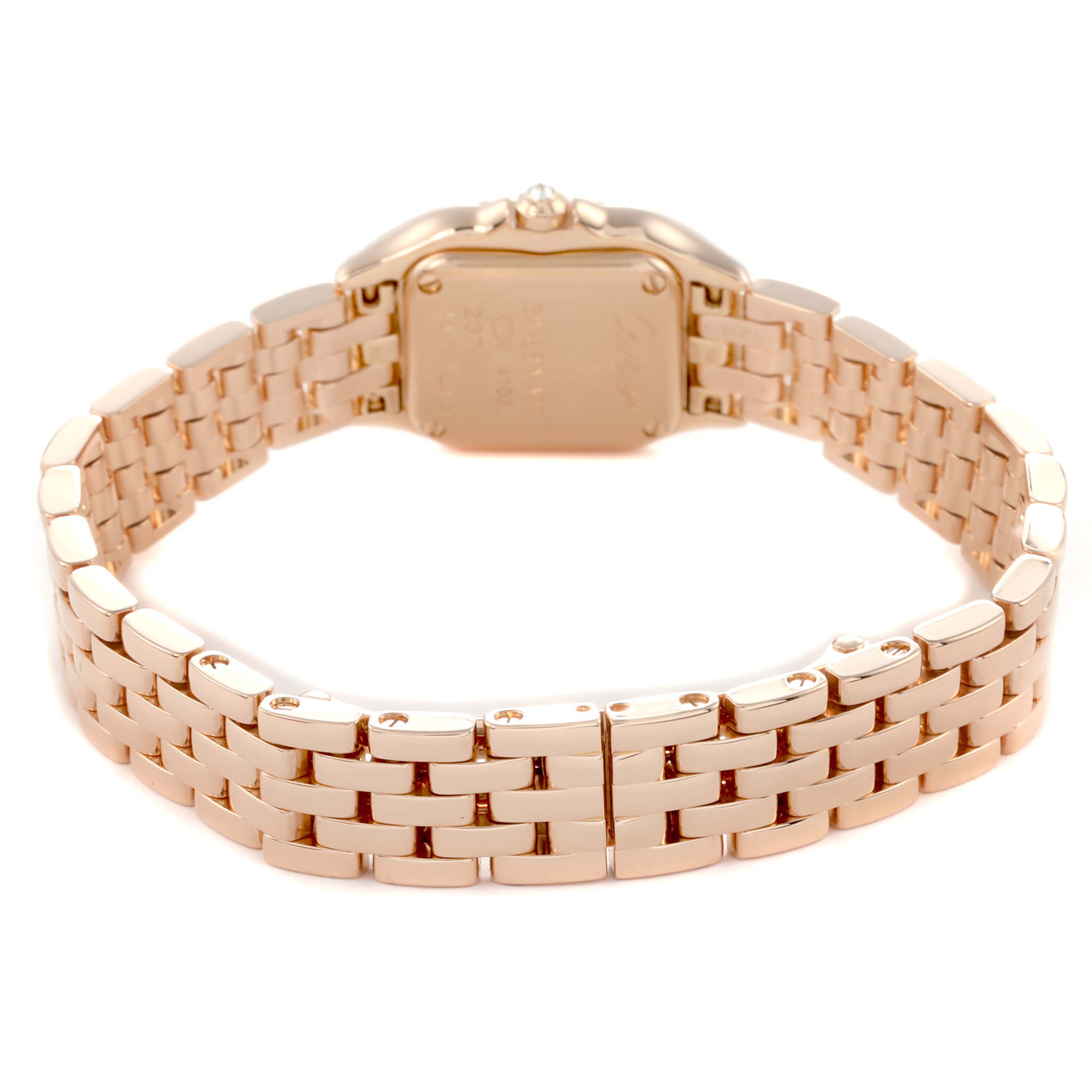 The image shows the back of the Cartier Panthere WJPN0020 Women
s Rose Gold Silver Dial watch, highlighting its gold bracelet and case back.