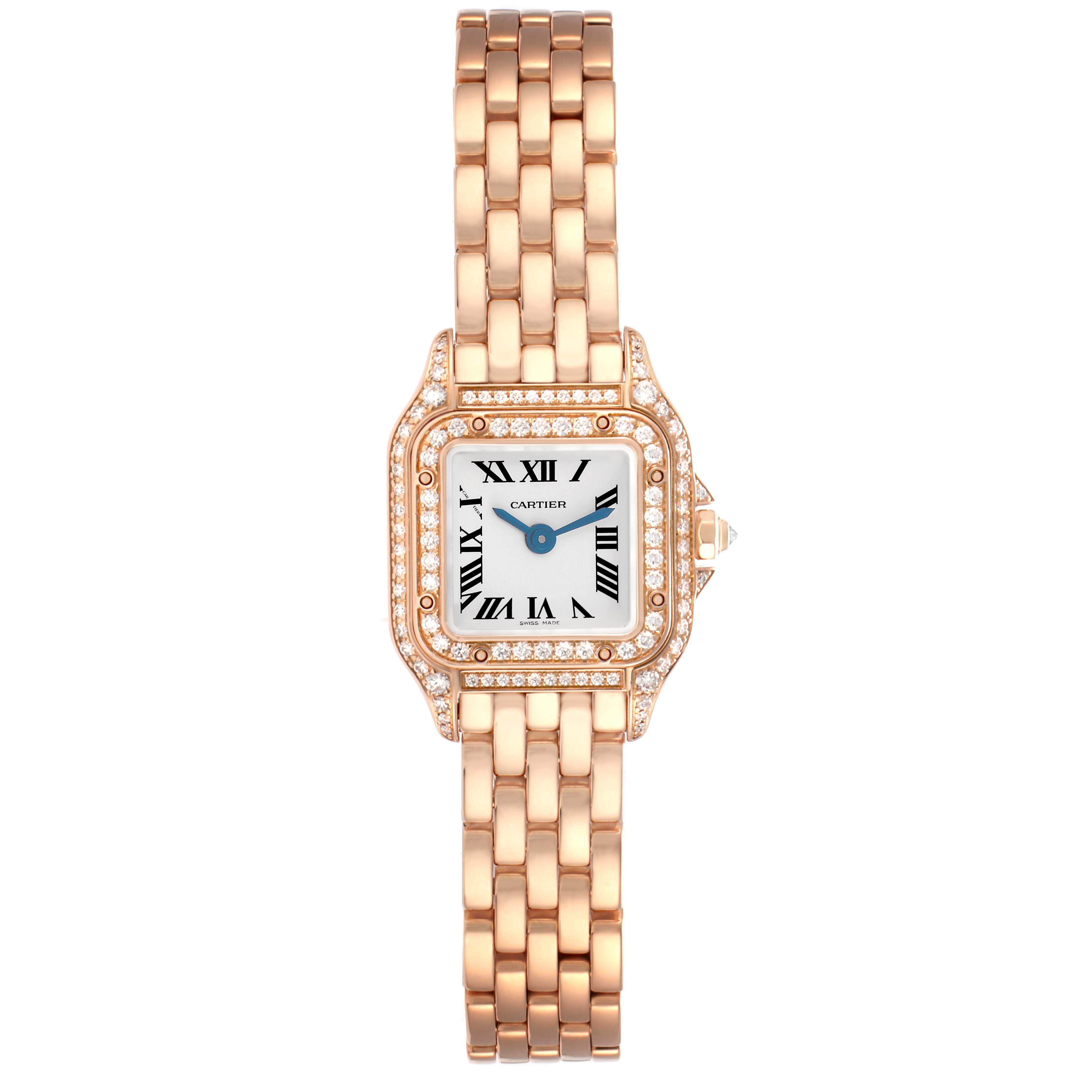 The Cartier Panthere WJPN0020 Women
s Rose Gold Silver Dial watch is shown from a front angle, highlighting its face, bezel, and bracelet.