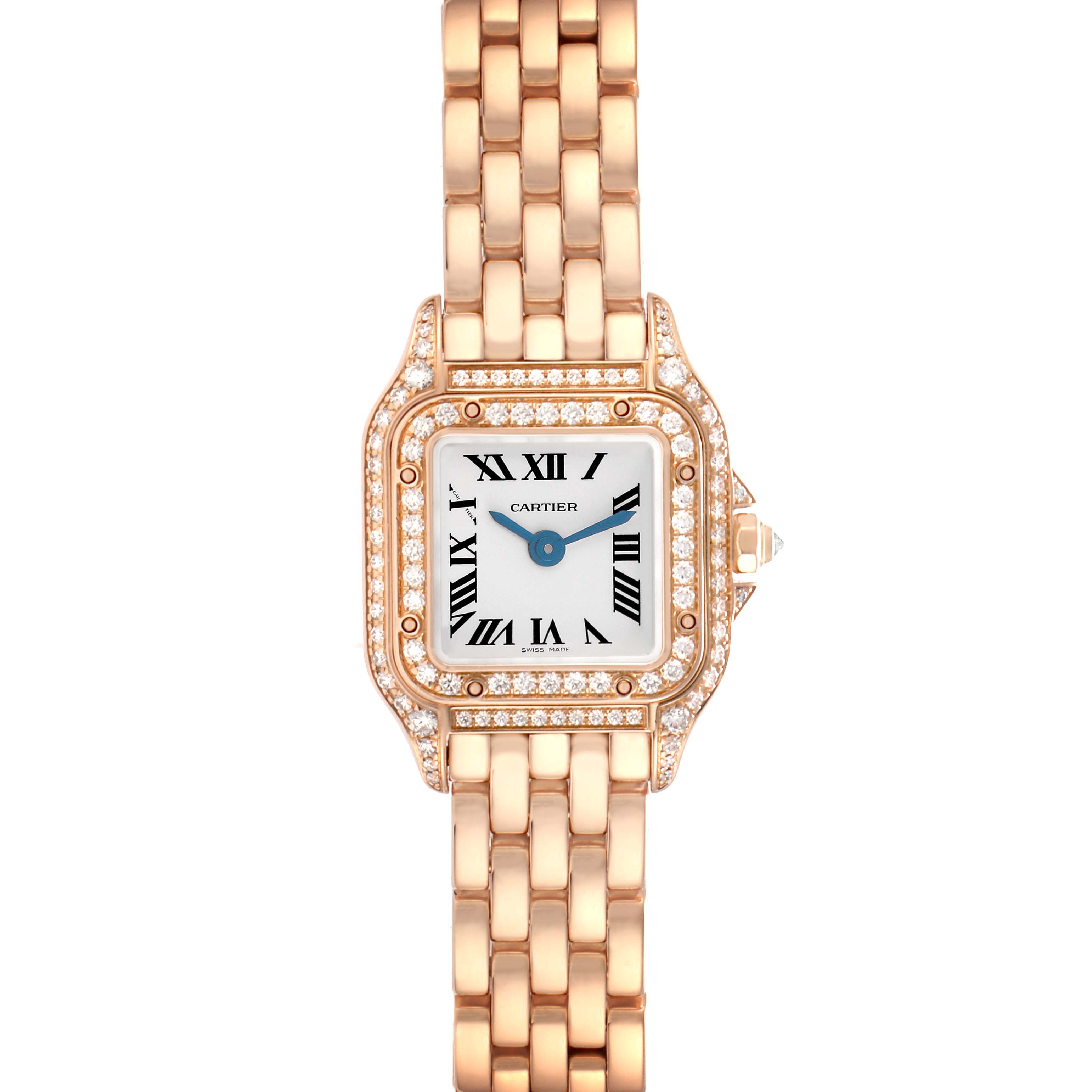 The Cartier Panthere WJPN0020 Women
s Rose Gold Silver Dial watch is shown from a front angle, displaying the face, bezel, and part of the bracelet.