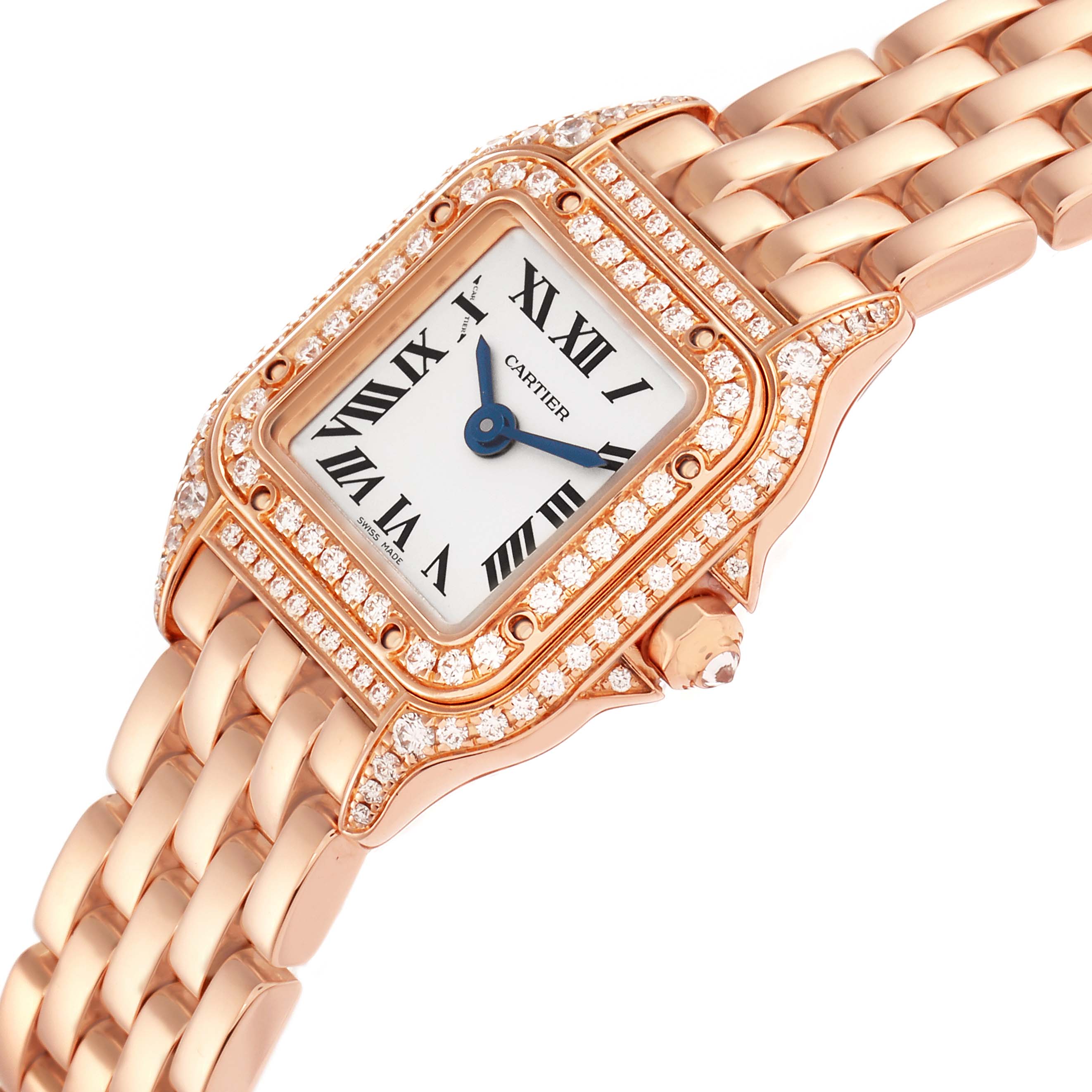 The Cartier Panthere WJPN0020 Women
s Rose Gold Silver Dial watch is shown at an angle highlighting the face, bezel with diamonds, and part of the bracelet.