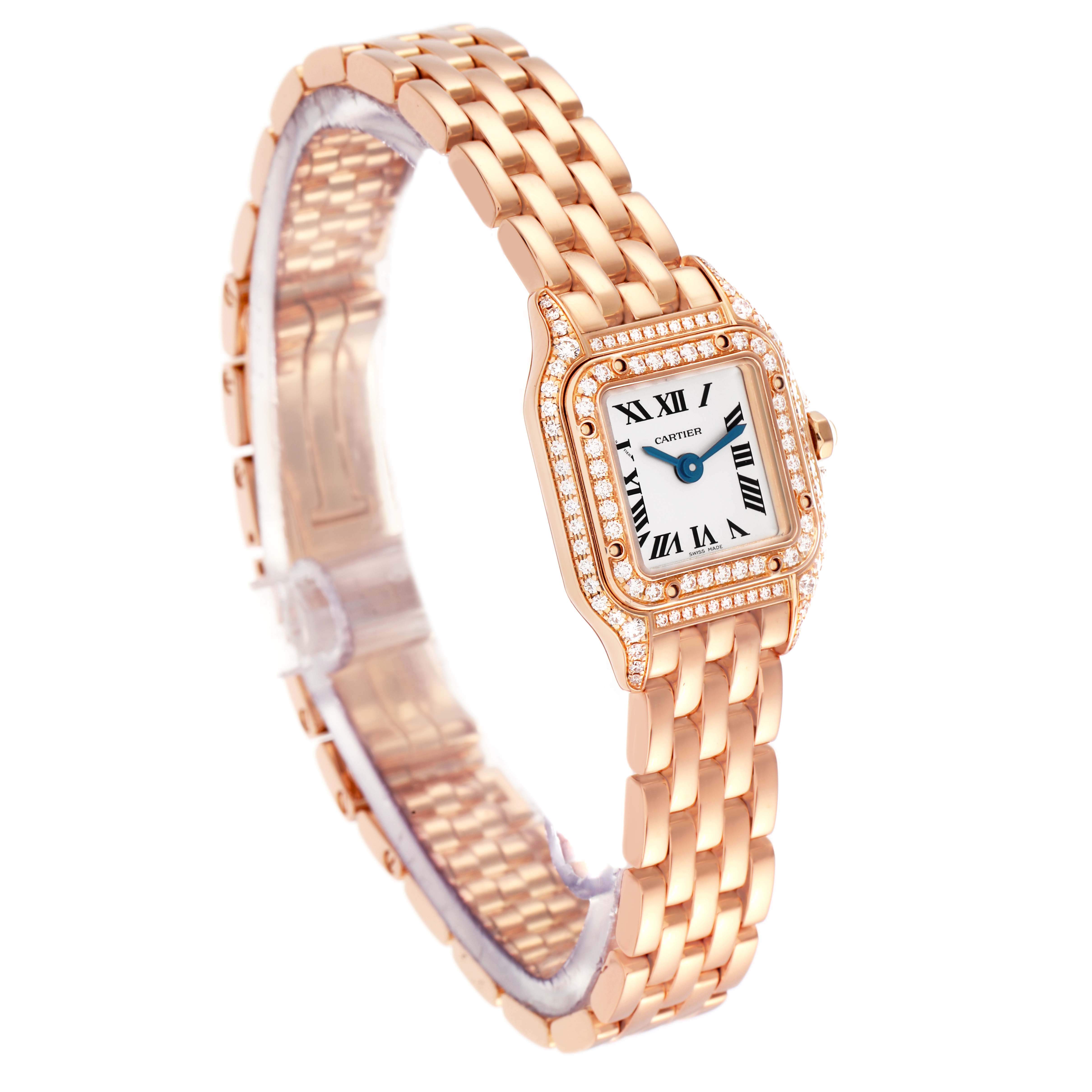 The Cartier Panthère watch is shown at a slight side angle, highlighting the gold bracelet and diamond-set bezel.