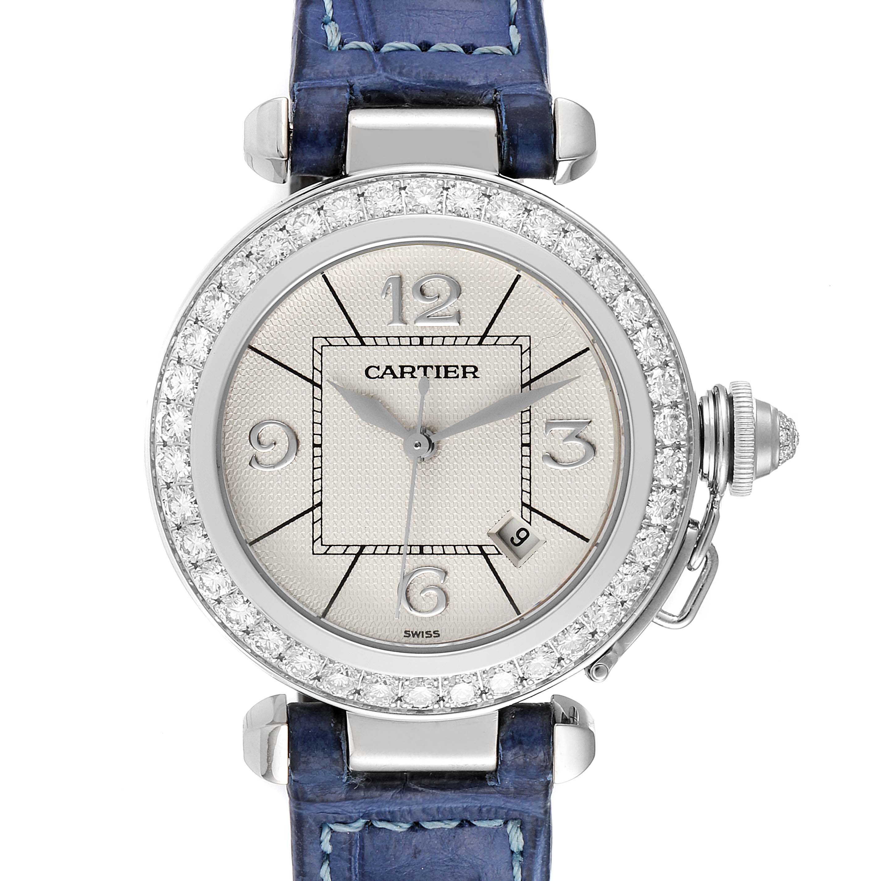 The image shows a front view of a Cartier Pasha WJ111651 Women's Stainless Steel Silver Dial WJ111651 Women's Stainless Steel Silver Dial watch with a blue strap and diamond-studded bezel.