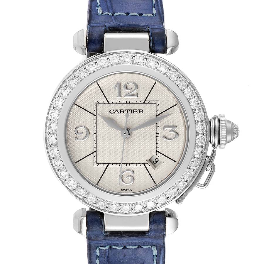 Cartier Pasha 32 White Gold Blue Strap Diamond Ladies Watch WJ111651 SwissWatchExpo