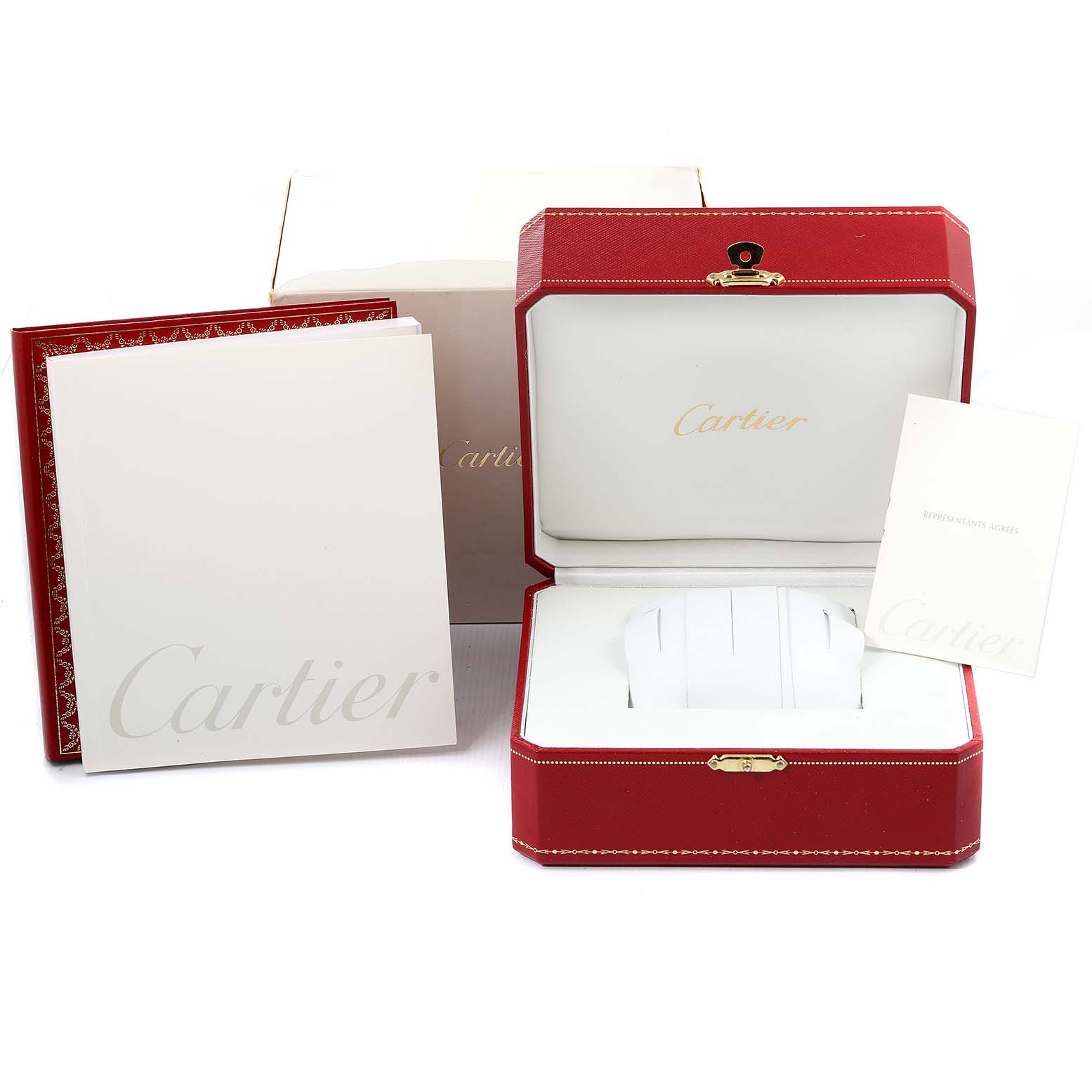 The image shows the packaging and accessories of a Cartier Pasha WJ111651 Women's Stainless Steel Silver Dial WJ111651 Women's Stainless Steel Silver Dial watch, including the box, papers, and cushion, viewed from the front.