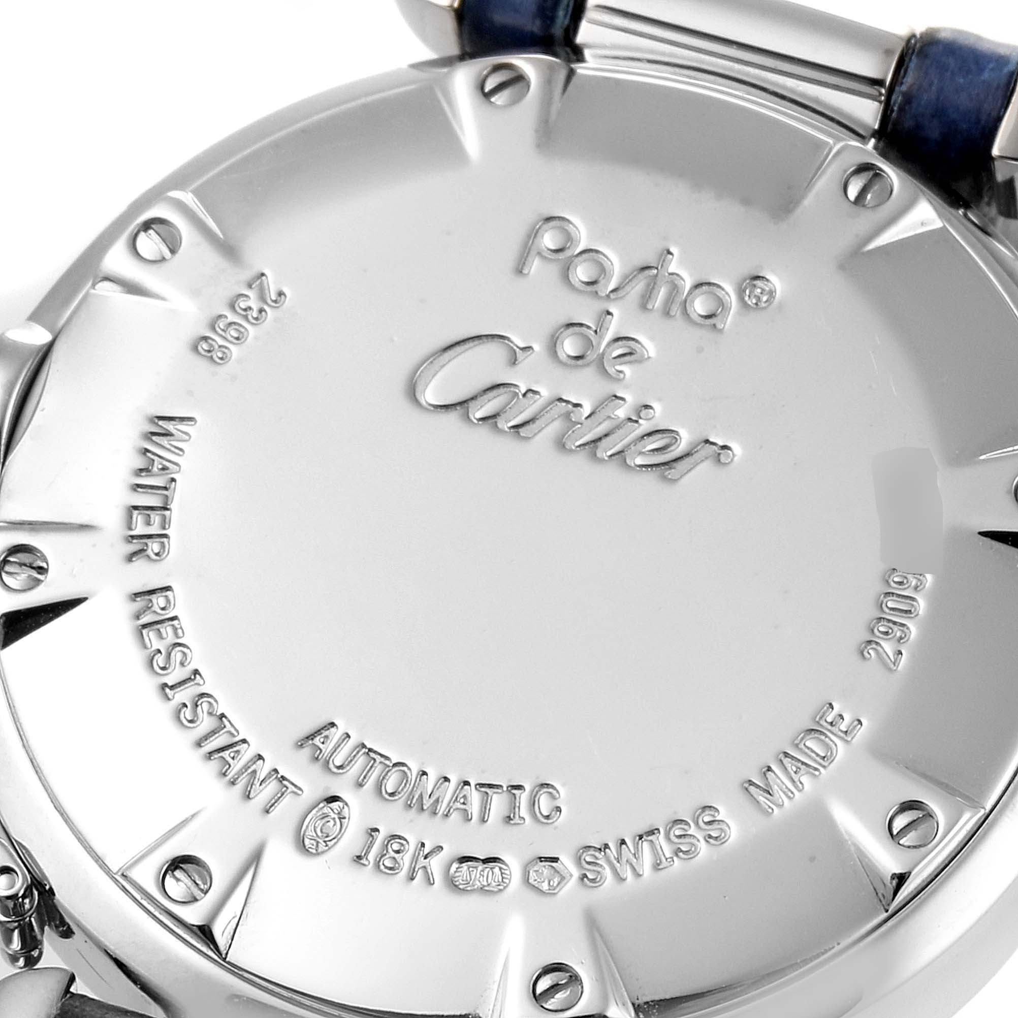 The image shows the back case of a Cartier Pasha WJ111651 Women's Stainless Steel Silver Dial WJ111651 Women's Stainless Steel Silver Dial watch, highlighting its engravings and markings.