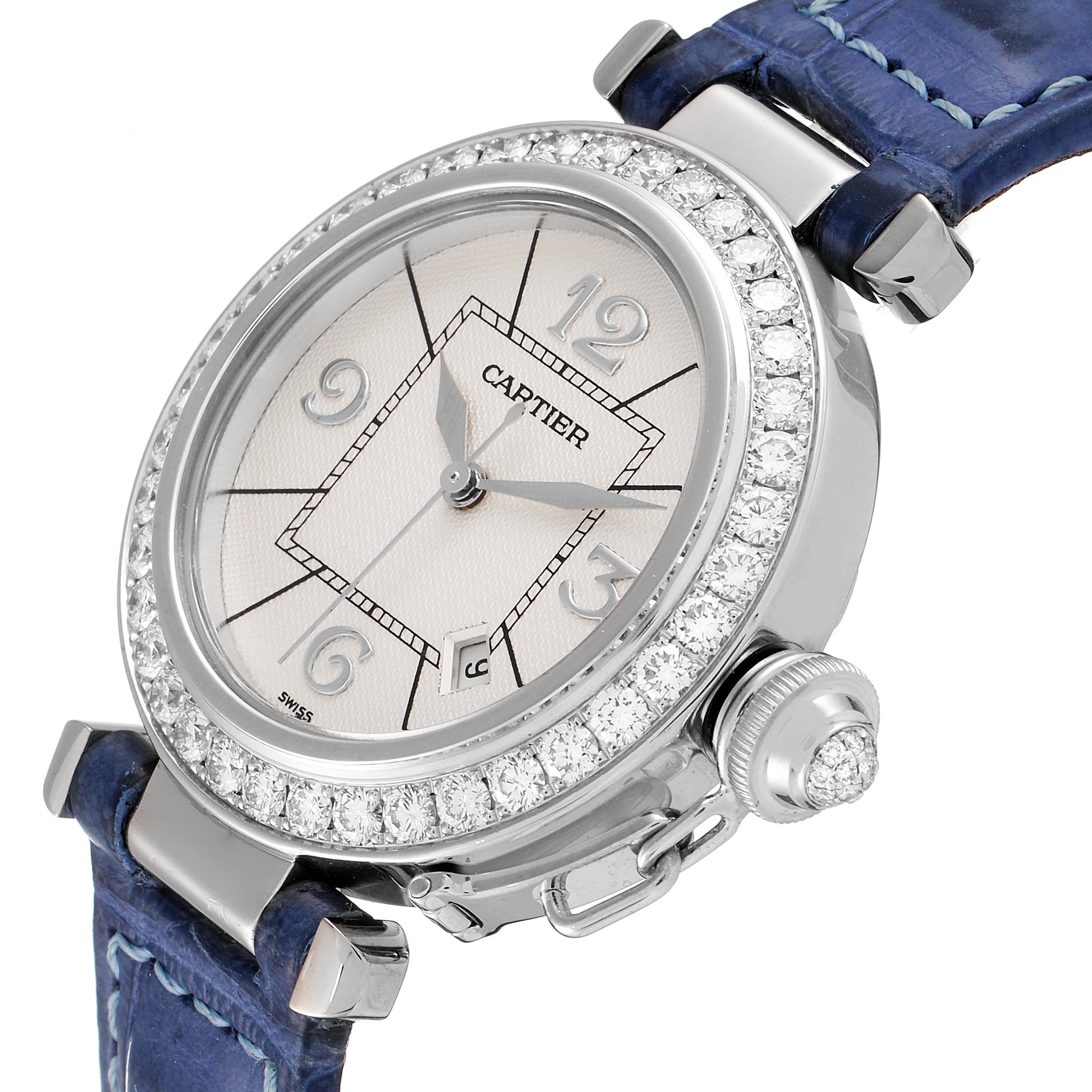 This image shows a close-up angle of the Cartier Pasha WJ111651 Women's Stainless Steel Silver Dial WJ111651 Women's Stainless Steel Silver Dial watch, highlighting the dial, bezel, and strap.