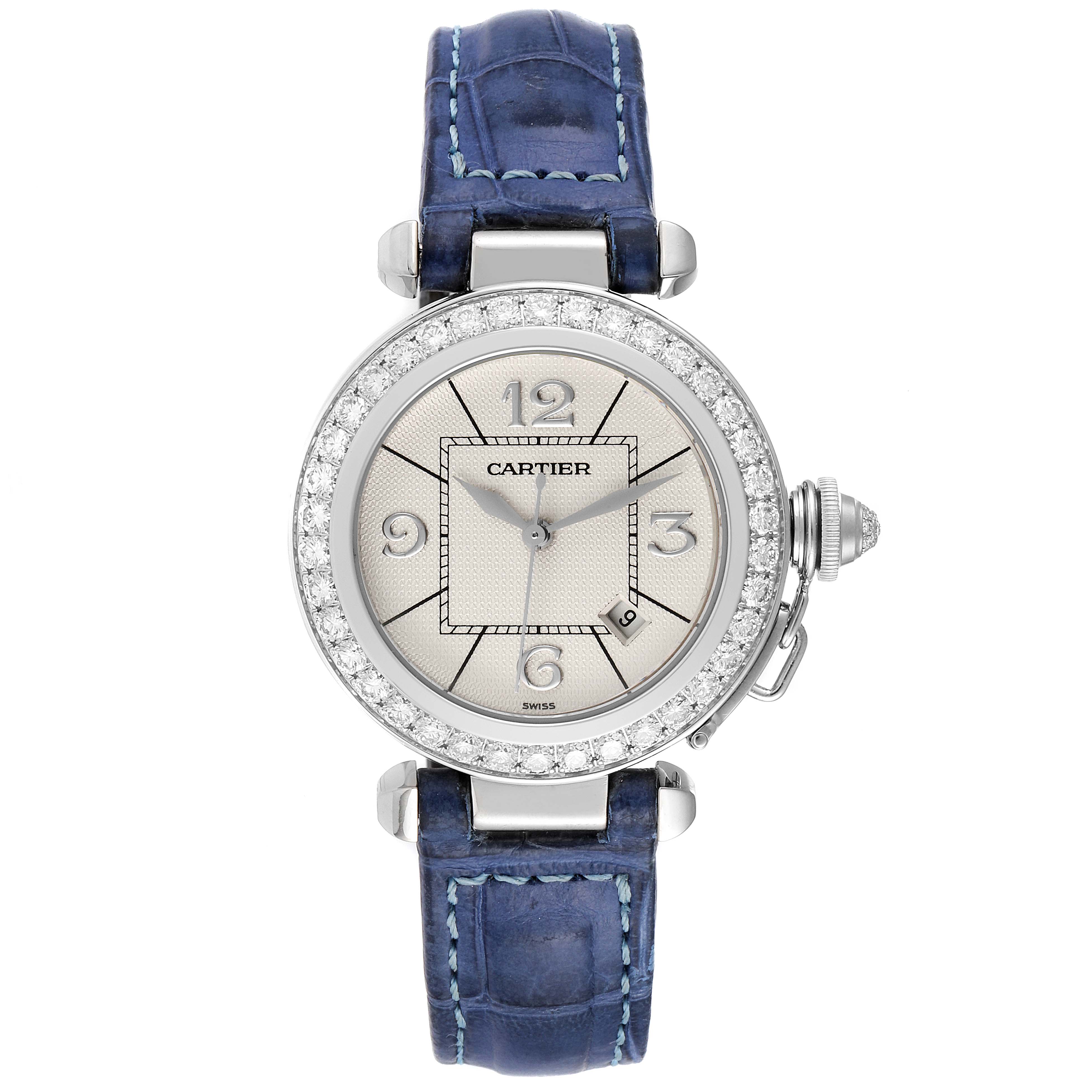 Cartier Pasha 32 White Gold Blue Strap Diamond Ladies Watch WJ111651 ...
