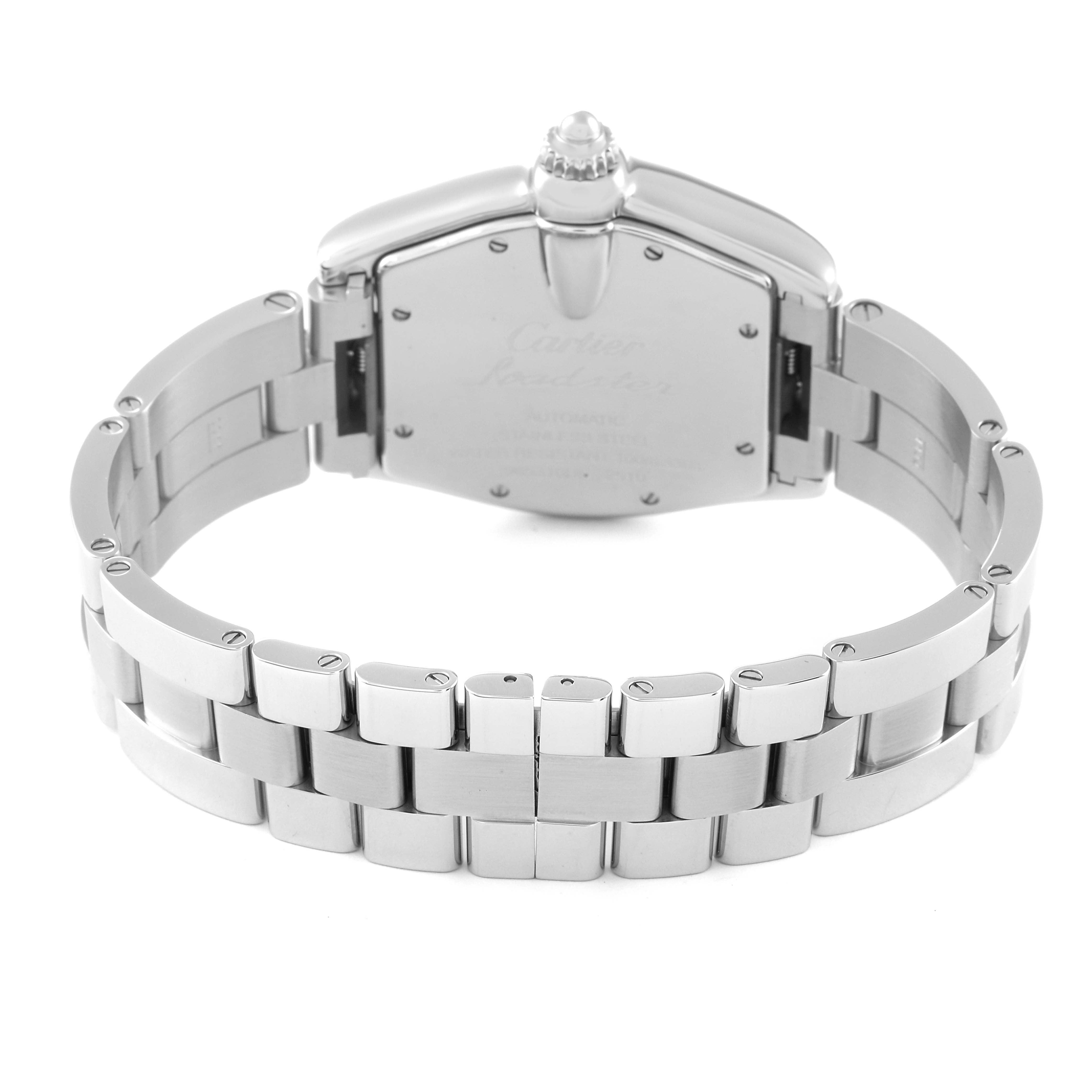 The image shows the back view of the Cartier Roadster W62041V3 Men's Stainless Steel Black Dial W62041V3 Men's Stainless Steel Black Dial watch, including its bracelet and case back.