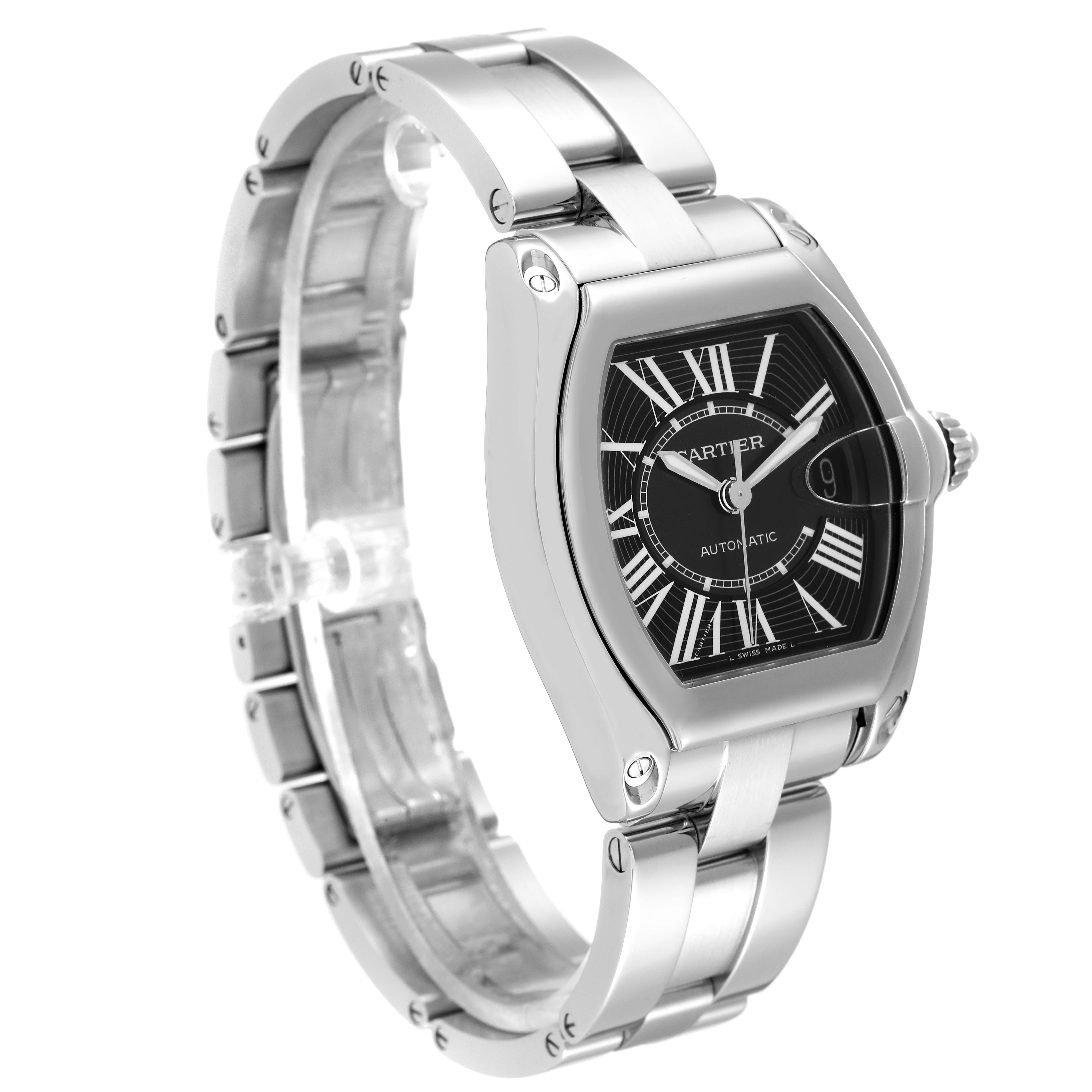 The image shows a three-quarters angle of the Cartier Roadster W62041V3 Men's Stainless Steel Black Dial W62041V3 Men's Stainless Steel Black Dial watch, highlighting the dial, bezel, crown, and bracelet.