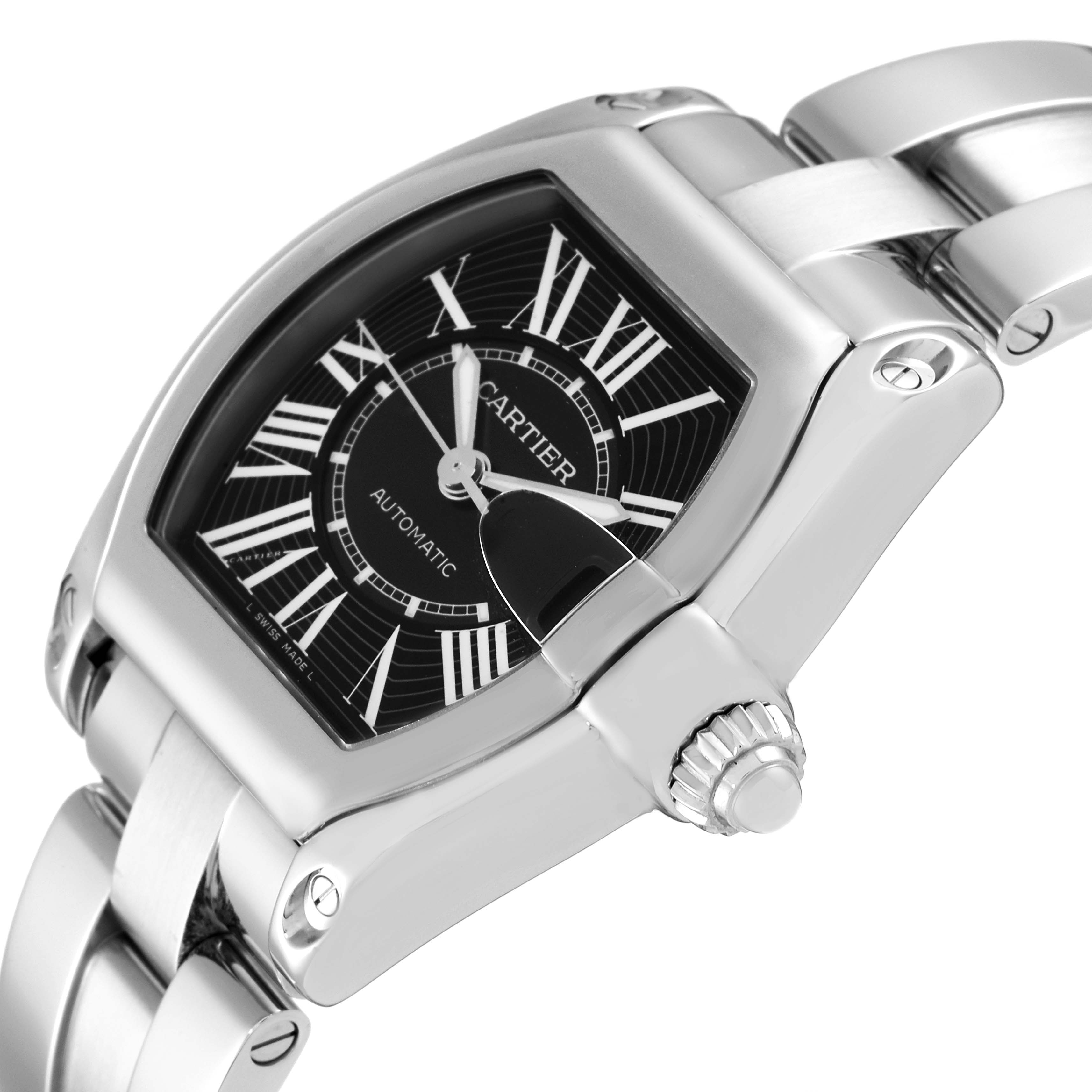 The image shows a close-up angle of the Cartier Roadster W62041V3 Men's Stainless Steel Black Dial W62041V3 Men's Stainless Steel Black Dial watch, highlighting its face, bezel, and bracelet.