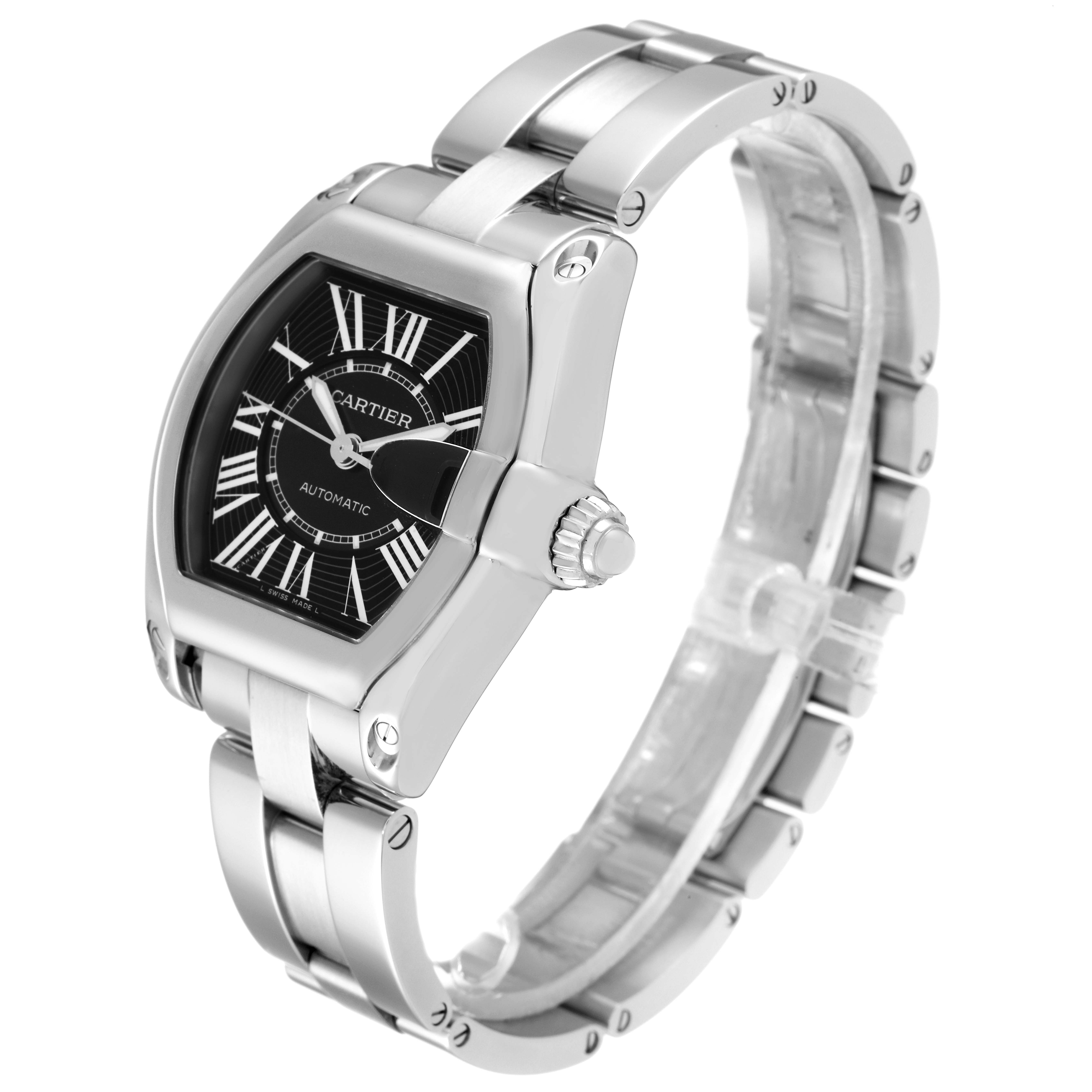 The image shows a Cartier Roadster W62041V3 Men's Stainless Steel Black Dial W62041V3 Men's Stainless Steel Black Dial watch at a three-quarter angle, showcasing the black dial, crown, and metal bracelet.